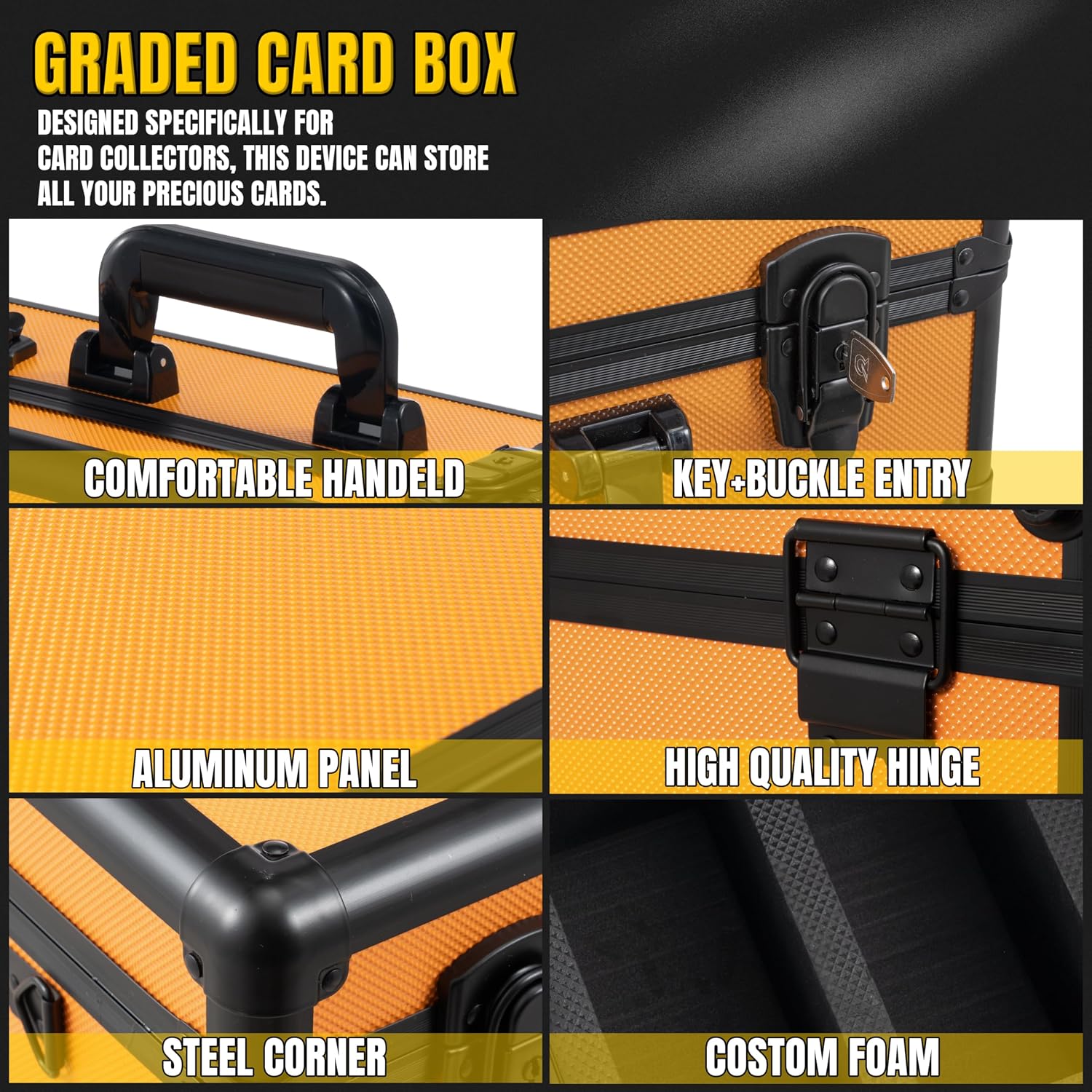 Graded Card Storage Box – Aluminum Alloy Trading Cards Case Holds 55+ Graded Cards, Sports Card Storage Box with Lock, Fits PSA, CSG, BGS (Small Orange) image 4