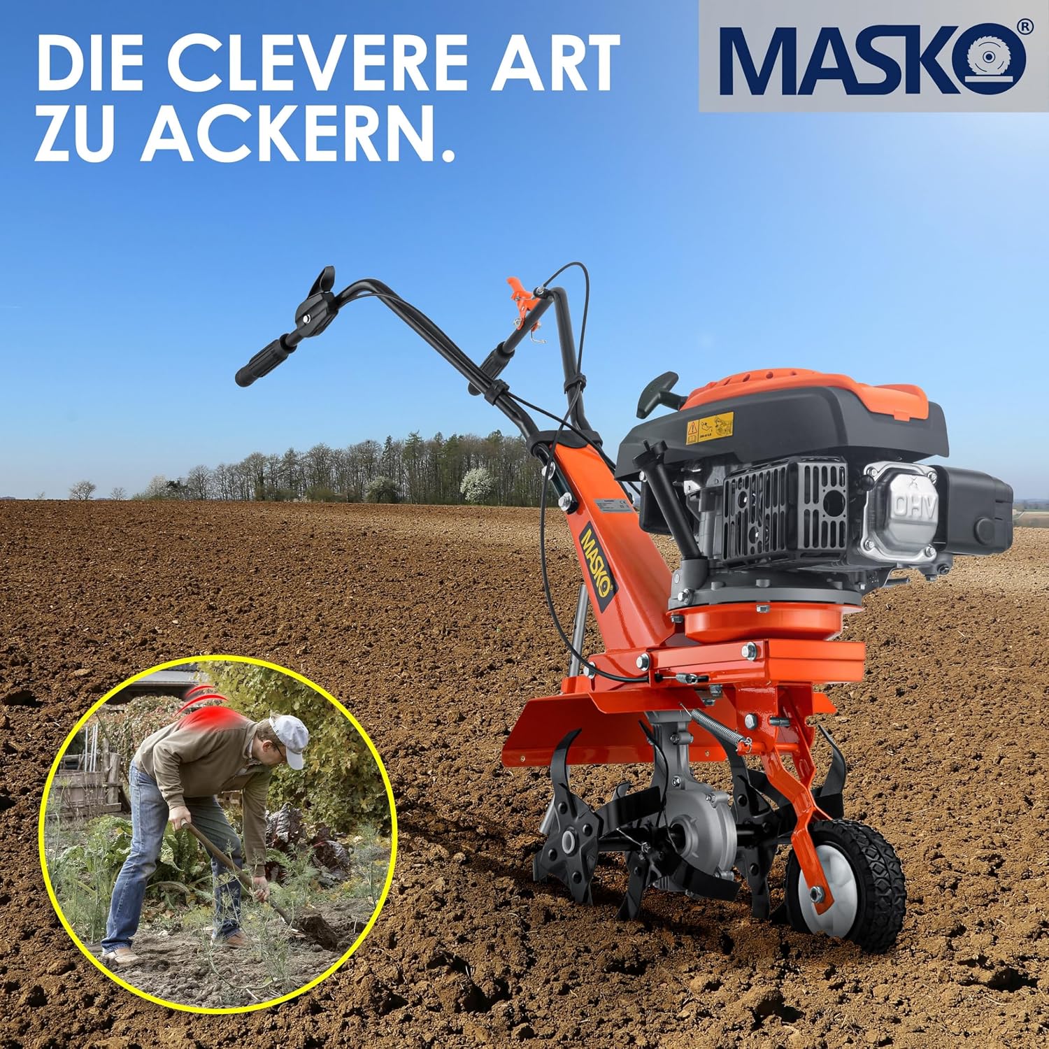 MASKO tiller operating in a field, with a small inset image of a person weeding by hand.