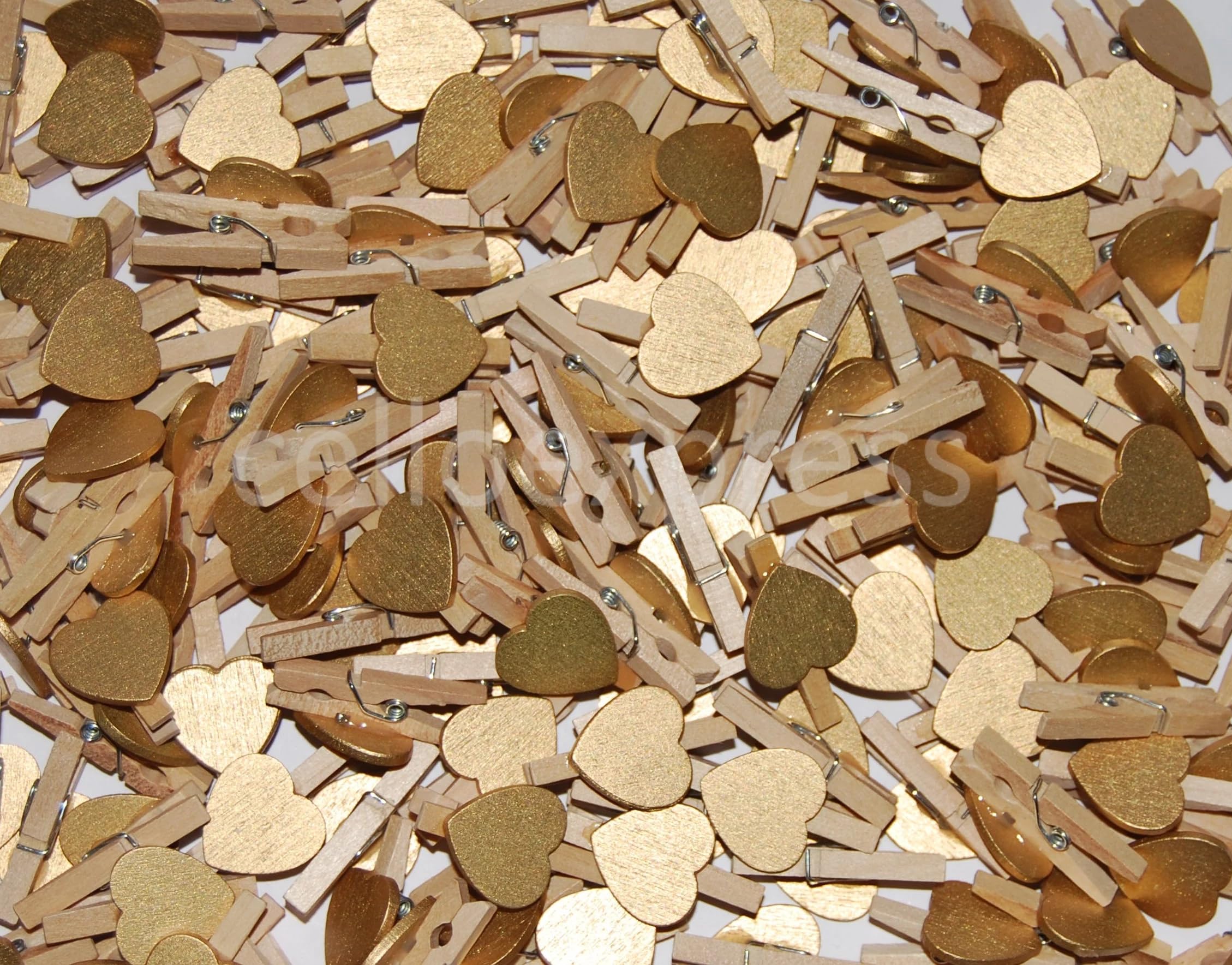 Celloexpress Gold 30Mm Love Hearts On Mini Natural Wooden Craft Pegs - Pack Of 25