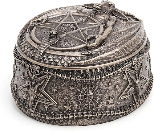 Miniatura 8 de Veronese Design 5 1/4 pulgadas Wiccan pentagram Baphomet Oval en forma de baratija caja de baratija Escultura de resina Acabado de bronce