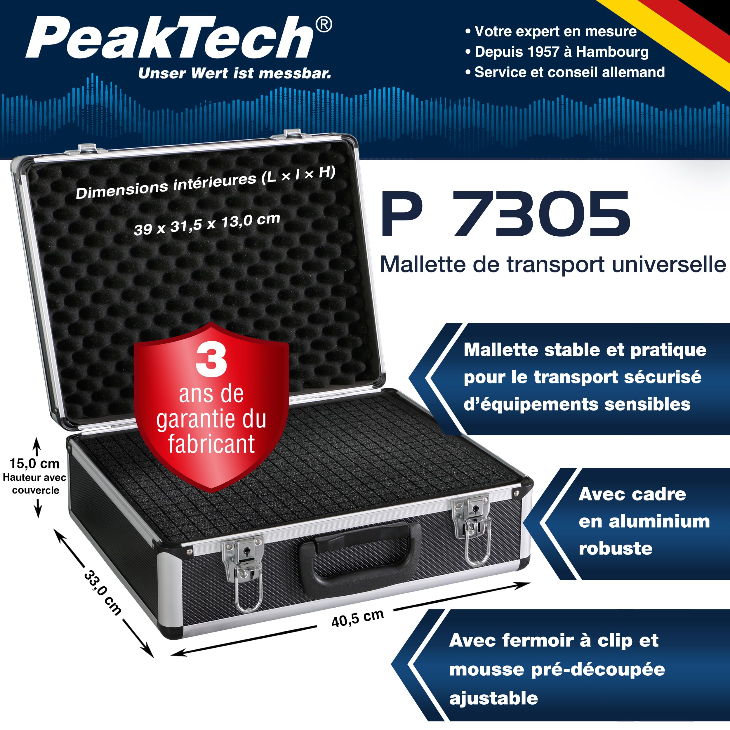 Peak Tech P 7305 - Mallette Universelle pour Instruments de Mesure, Mallette Robuste en Aluminium, Compartiment à Outils, Rembourrage en Mousse, Verrouillable, Anti-Poussière, L - 405 x 330 x 150 mm