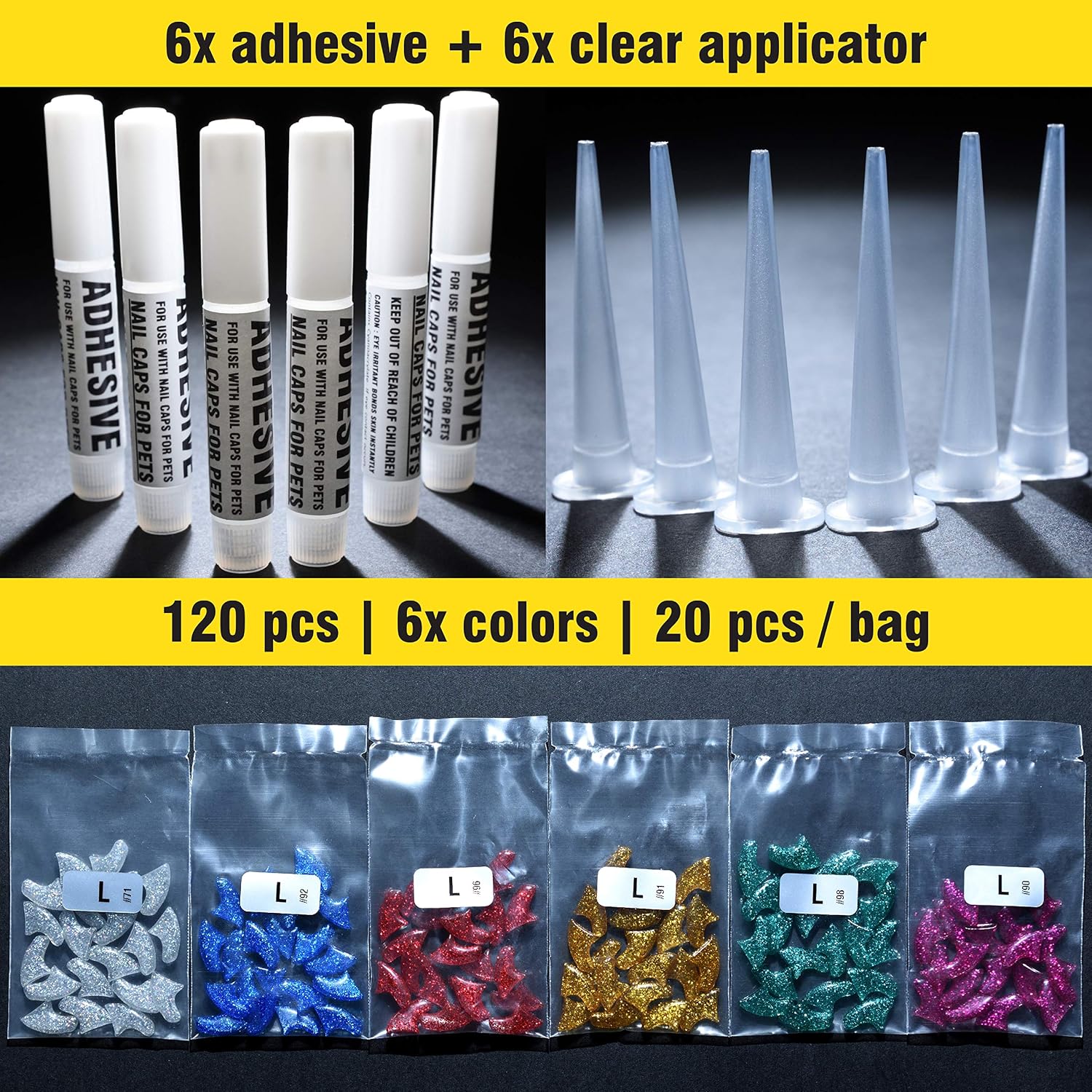 zetpo Glitter Cat Nail Caps | Cat Claw Covers | with Adhesives and Applicators (6X Glitter | 120 pcs, L) image 5