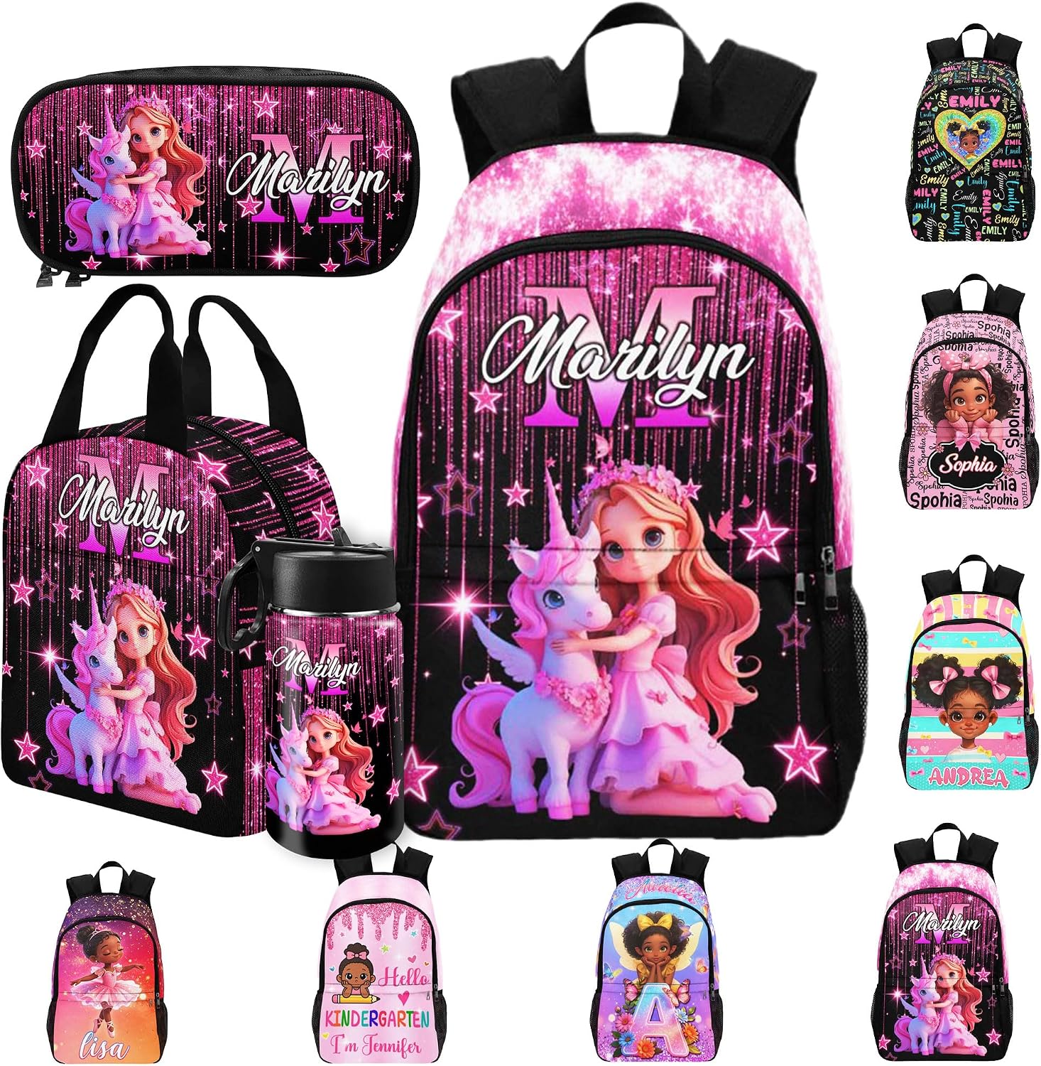 Custom Kids Backpack for Girls Boys Personalized Name Bookbag with Lunchbox Set, 17.7" School Bag Daypack for Pre-K Kindergarten Middle Child Aged 4 to 15 Back to School Gift, Unicorn