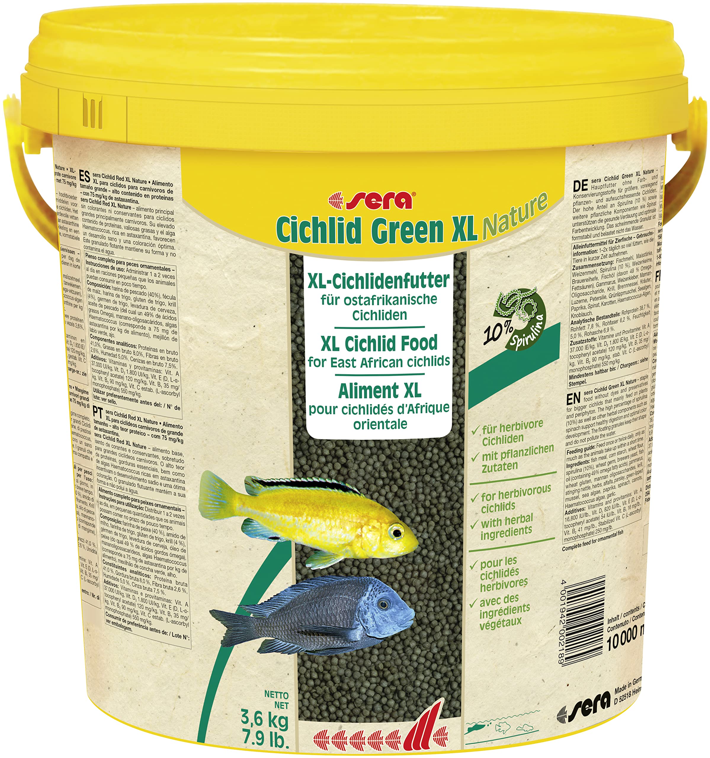 sera Cichlid Green XL Nature 10 L (3.6 kg) - Main Food with 10% Spirulina for Larger Herbivore Cichlids, Food for Malawi