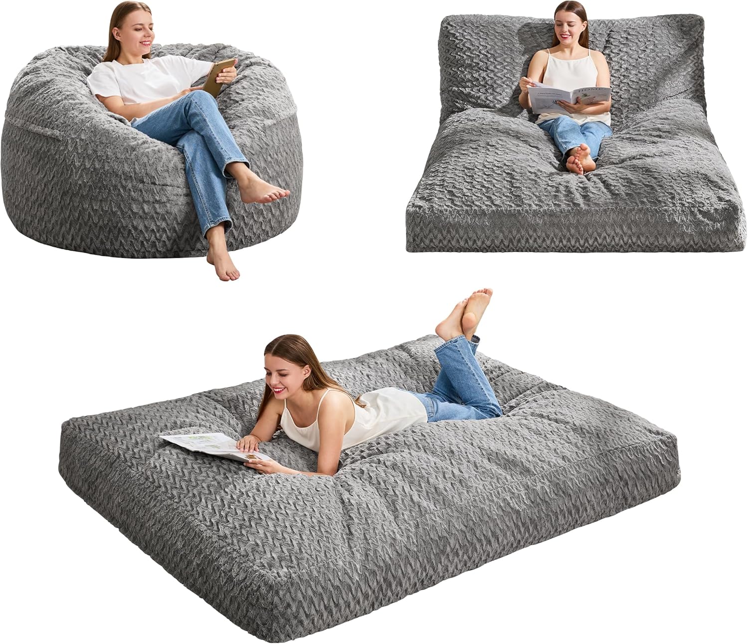 Hobestluk Bean Bag Chair Convertible Beanbag Chairs for Adults, 3 in 1 Bean Bags with Plush Chevron Cover, Adult Bean Bag Chair for Living Room, Bedroom (Grey, Full) Grey Full