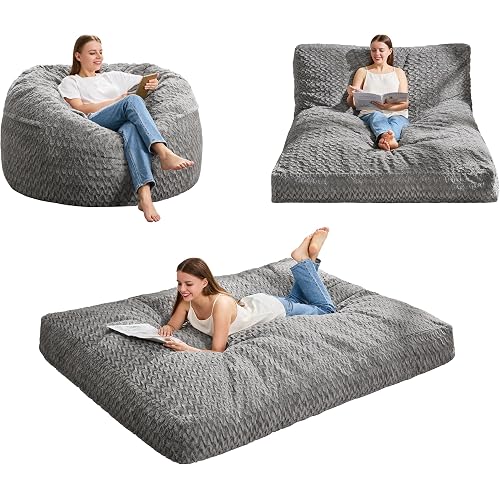 Hobestluk Bean Bag Chair Convertible Beanbag Chairs for Adults, 3 in 1 Bean Bags with Plush Chevron Cover, Adult Bean Bag Chair for Living Room, Bedroom (Grey, Full)