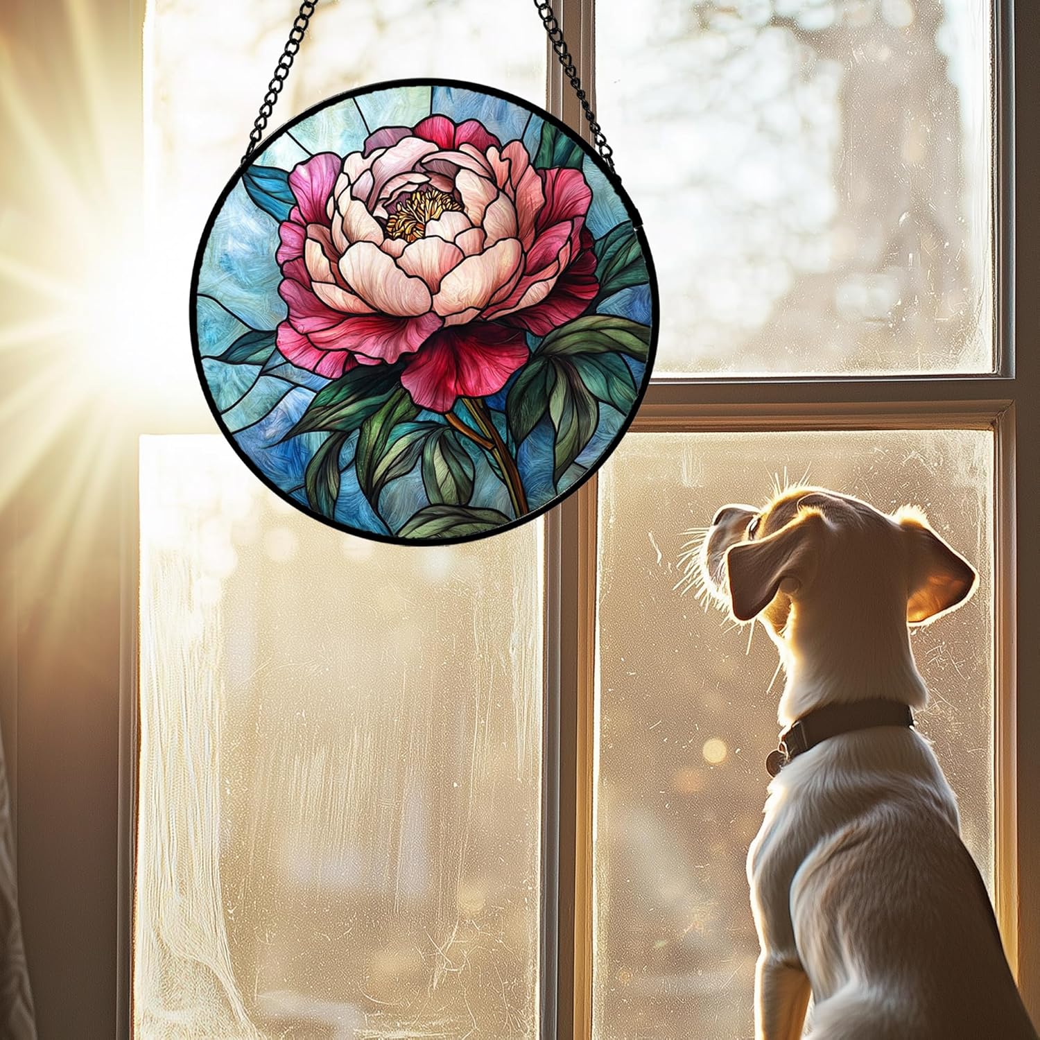 Stained Glass Window Hanging - Red Peony Floral Suncatcher for Door Garden Yard Birth Flower Sun Catchers Decor Christmas Mother's Day Birthday Gifts for Women Mom Nana Wife Teacher 11.8 in