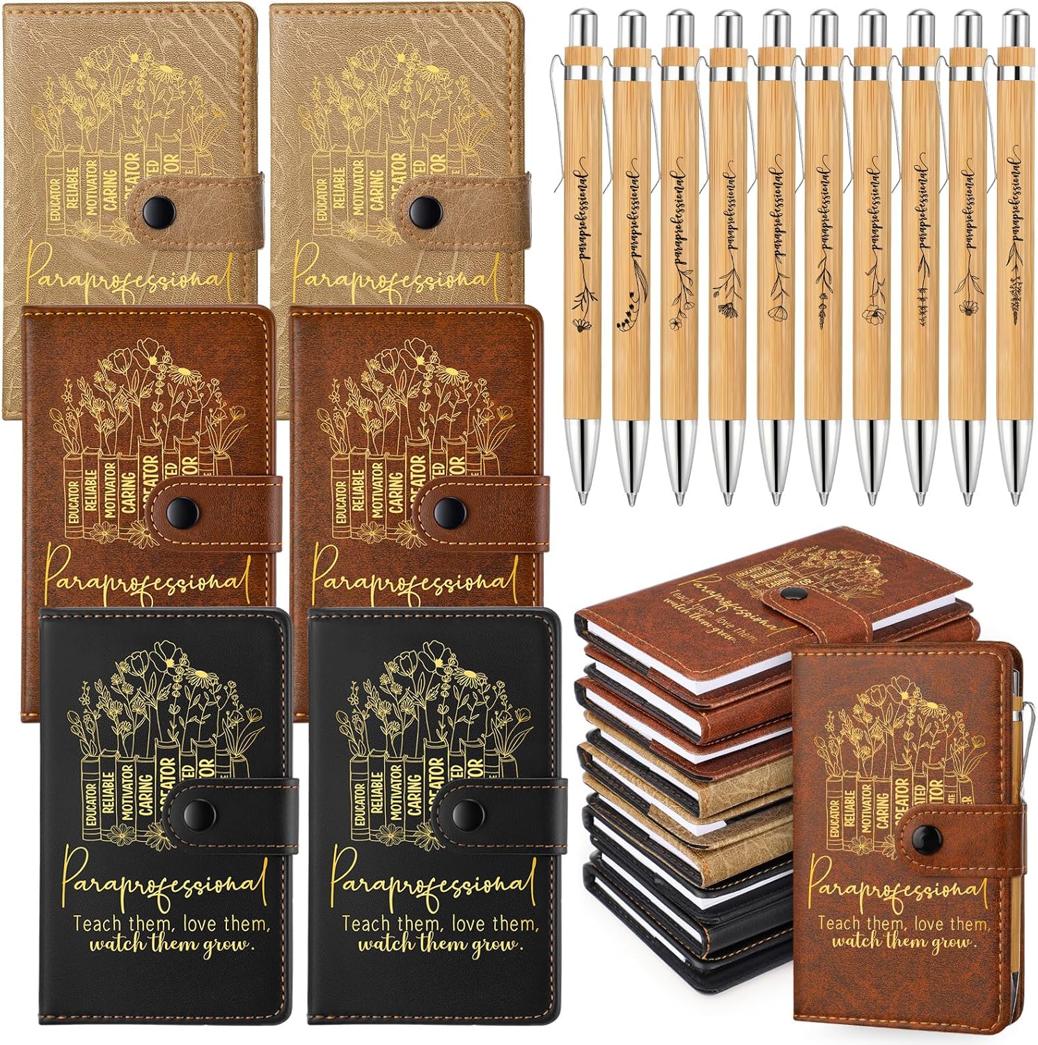 TaoBary 24 Sets Paraprofessional Gifts Bulk 3 Colors A6 Leather Notebook Journal with Bamboo Ballpoint Pens Para Appreciation Gifts for Coworkers Office Supplies