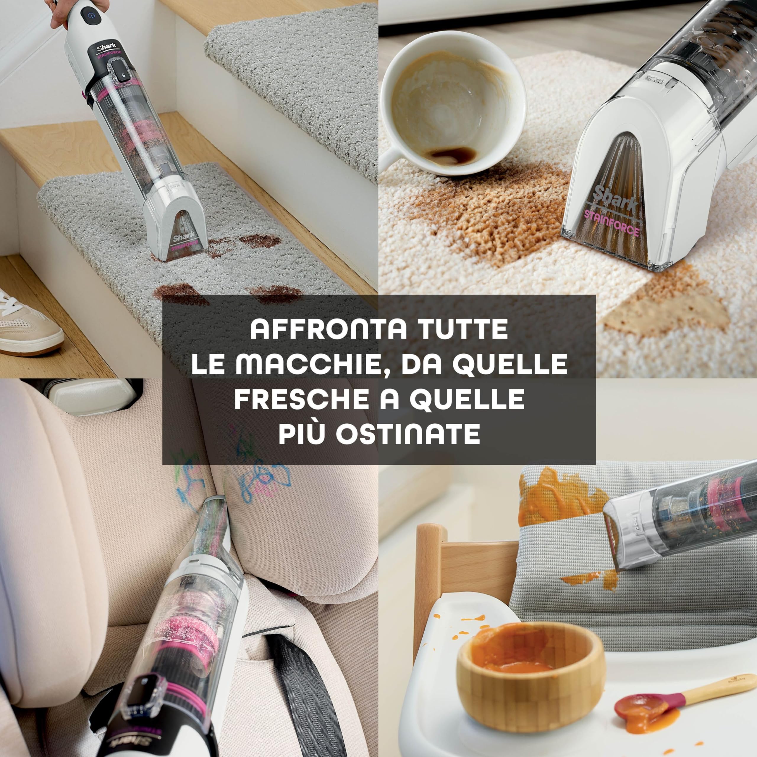 Shark StainForce Pulitore elettrico senza filo leggero, Elimina macchie e odori da tappeti, moquette, tappezzeria, scale, auto. Con cestello di stoccaggio, accessori e soluzione detergente, HX100EUT