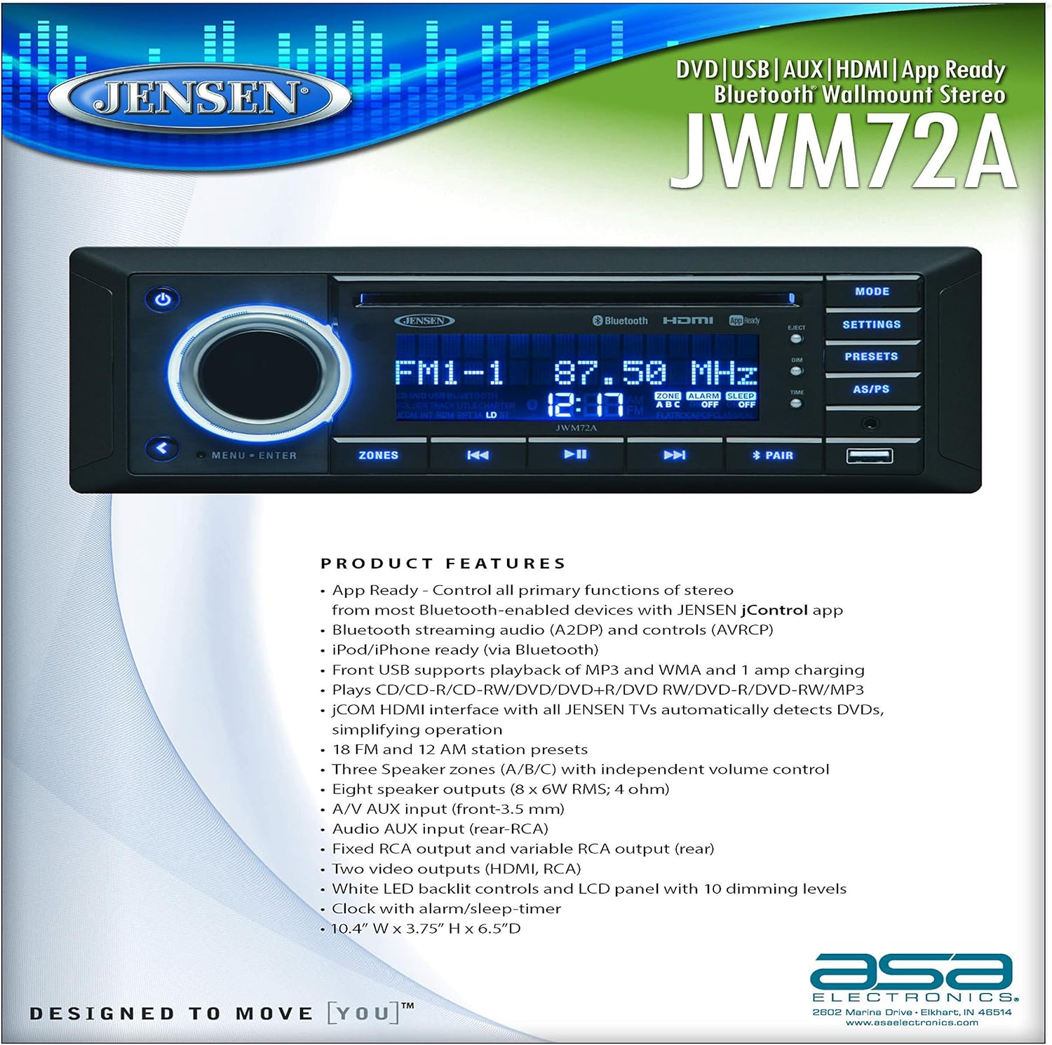 Jensen JWM72A 3-Speaker Zones Slimline DVD|USB|AUX|HDMI|App Ready Bluetooth Wallmount Stereo, Speaker Output 8X 6 Watt, Plays: CD/CD-R/CD-RW/DVD/DVD+R/DVD+RW/DVD-R/DVD-RW/MP3/WMA/JPEG (Renewed)