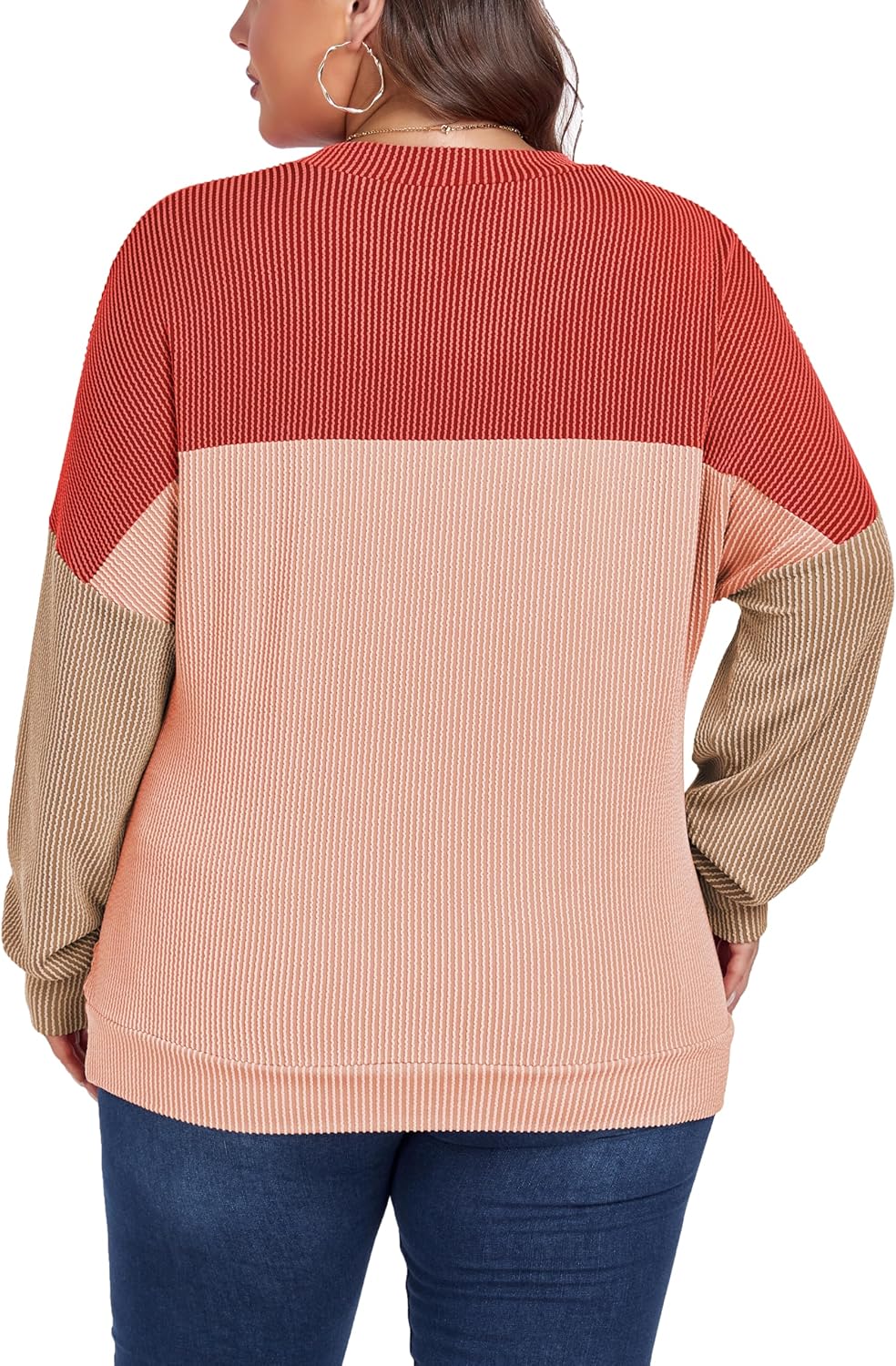 Womens Fashion 2024 Color Block Long Sleeve Crewneck Knitted Casual Loose Pullover Shirts Tops XL-5XL - Image 3