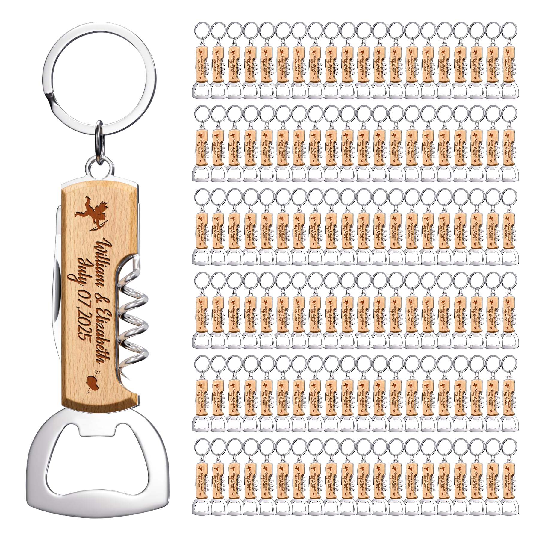 120 STÜCK Personalisierte Multifunktionale Holz Flaschenöffner, Maßgeschneiderte Gastgeschenke für Hochzeiten Geburtstagspartys, Gravierte Flaschenöffner-Schlüsselanhänger für Gäste