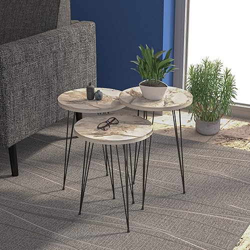 Miniatura 3 de PAK HOME Juego de 3 mesas auxiliares anidables de mármol blanco, mesas auxiliares redondas de madera apilables con patas de metal para sala de