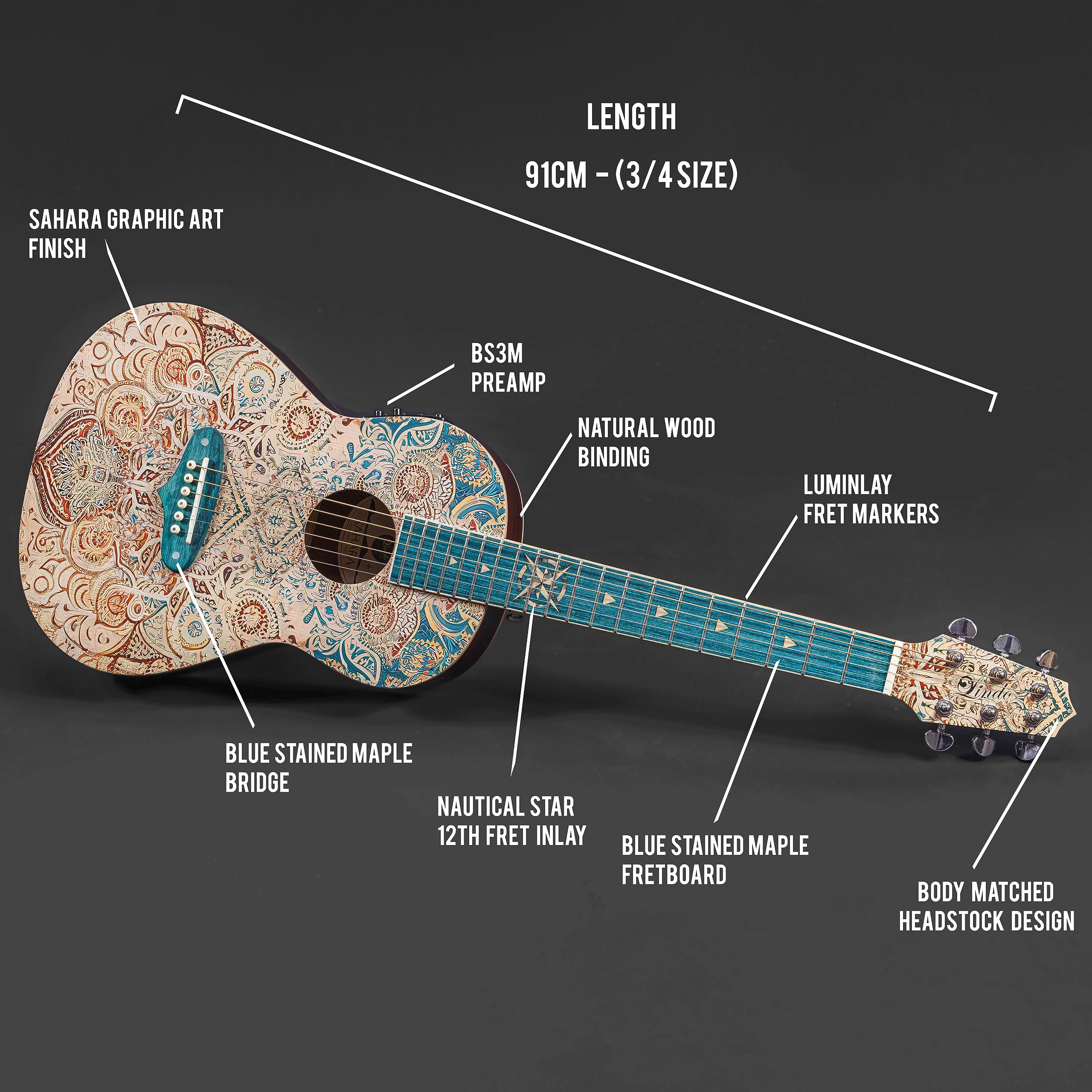 Lindo Sahara Steel String Parlor - Chitarra elettroacustica da viaggio (misura 3/4) | Nautical Star 12th Fret Inlay | Corpo e paletta con finitura grafica artistica | Progettato nel Regno Unito