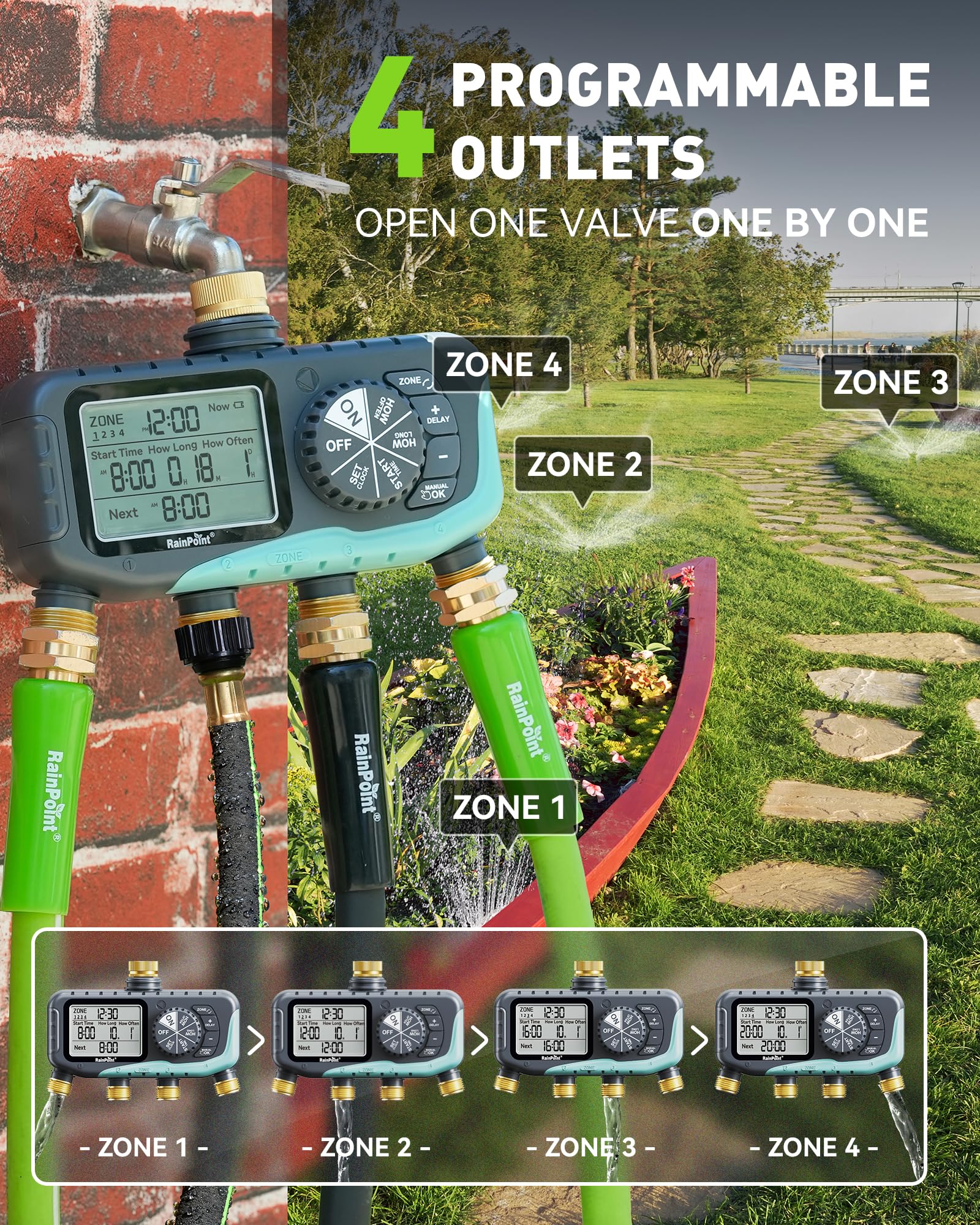 RAINPOINT Minuteur d'arrosage numérique à 4 zones, minuterie d'irrigation d'eau programmable avec retard de pluie, système d'arrosage automatique manuel pour tuyaux d'arrosage de pelouse et cour