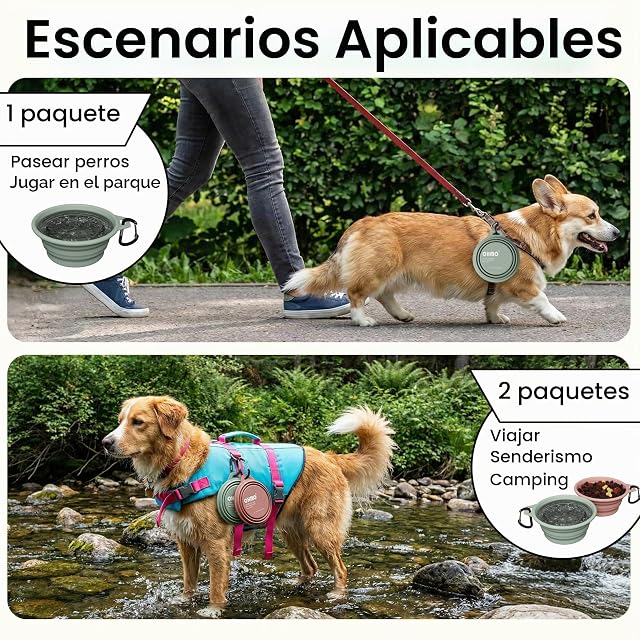 Foto 7 de 7 de OHMO Bebedero Perro Portátil con Anillo de Acero Inoxidable Integrado (2 uds., 400ml, Rosa+Verde Claro)