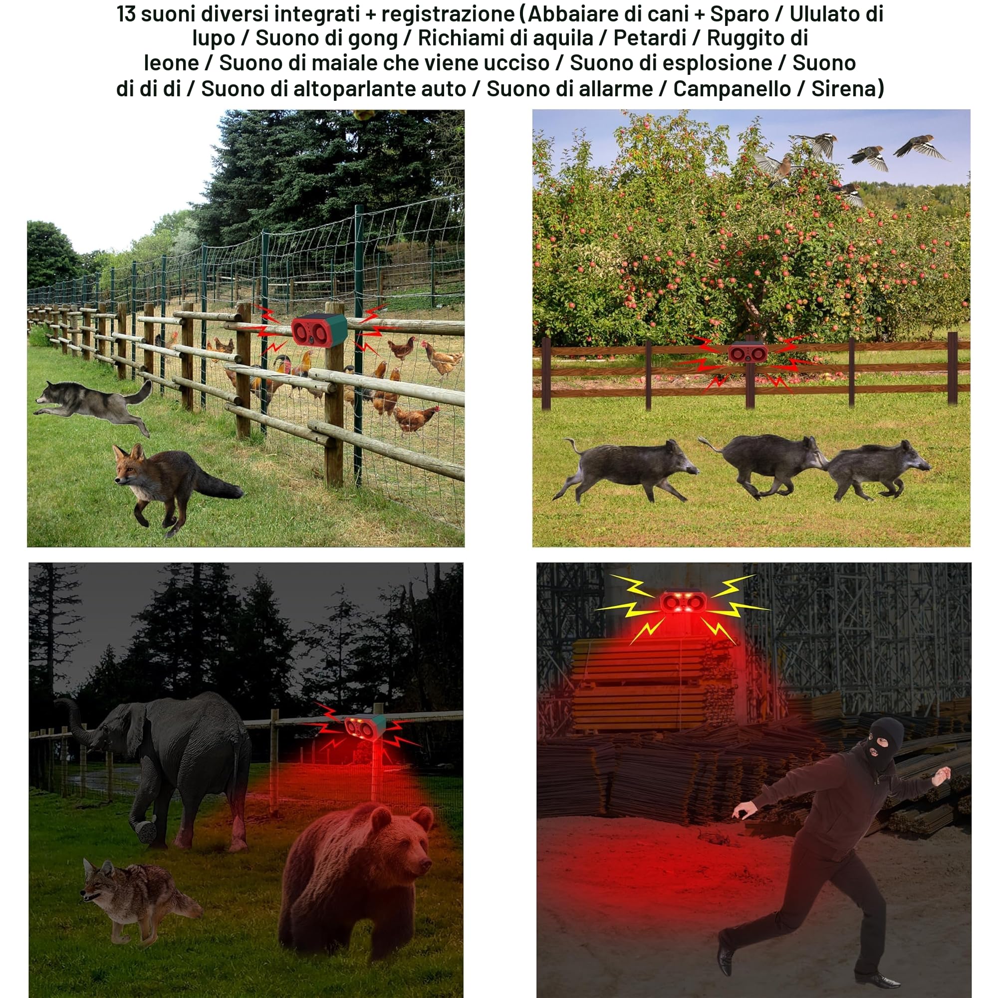 Allarme solare per esterni con sensore di movimento Comboss che abbaia, sensore di movimento per cani che abbaia, suono con 2 x 130 dB e luce stroboscopica a 13 LED, supporto per registrazione,