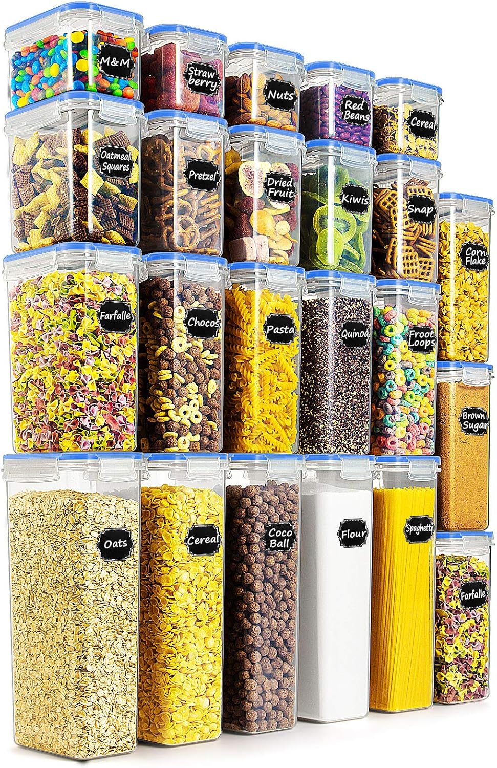 Wildone Airtight Food Storage Containers - BPA Free Cereal & Dry Food Storage Containers Set of 23 for Sugar, Flour, Snack, Baking Supplies with Free Chalkboard Labels & Marker Pen - Blue Lids