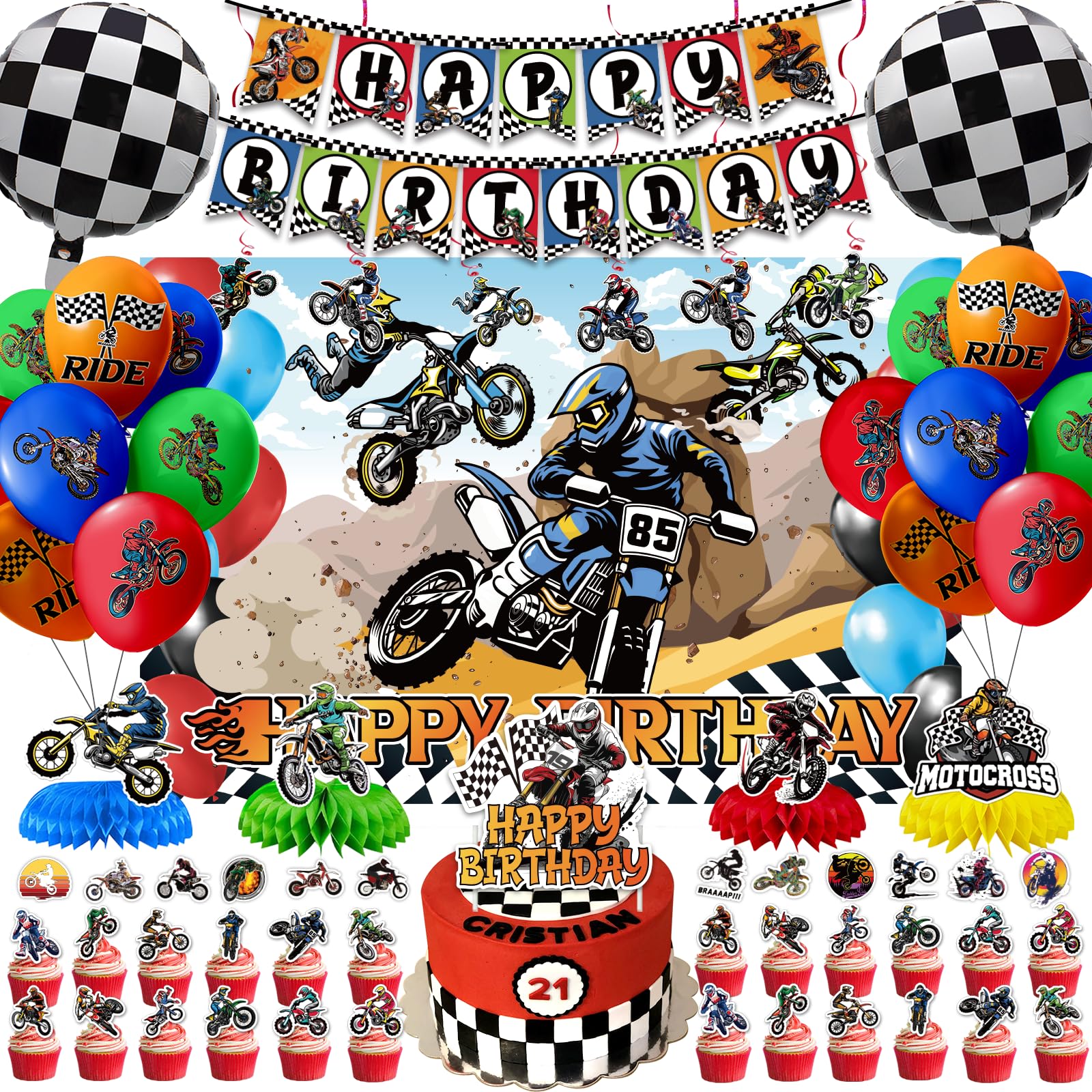 Photo 1 of (MISSING MANY FOR PARTS SOLD*)Dirt Bike Birthday Decorations Motocross Theme Party Supplies Contains motorcycle Backdrop Banner Balloons Cake Toppers Hanging Swirl Stickers