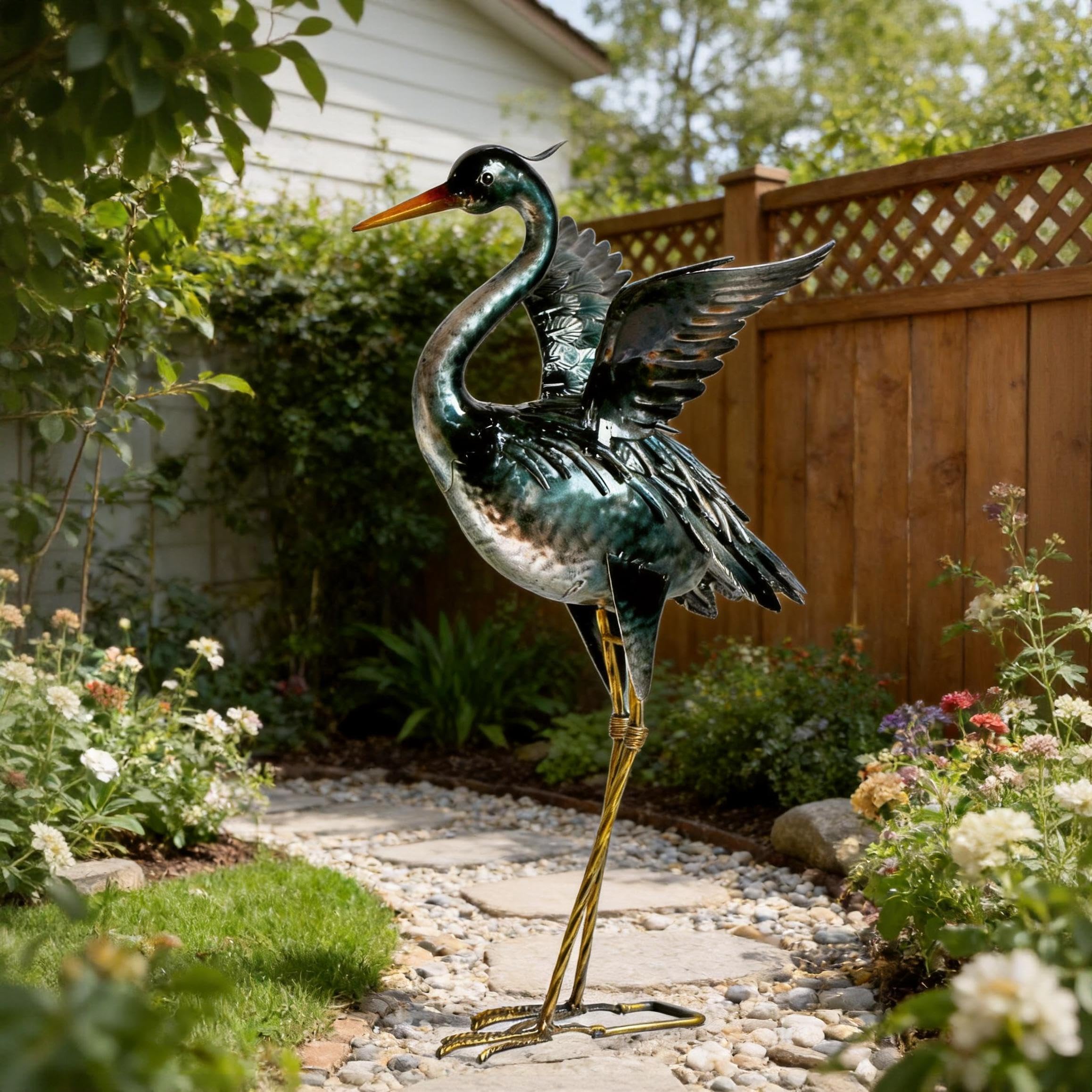 chisheen Żuraw ogrodowy statuetka ogrodowa, rzeźba, metalowa czapla, dekoracja outdoorowa, sztuka podwórka, wabika ptaków na podwórko, staw, taras, werandę, dekoracje trawnika