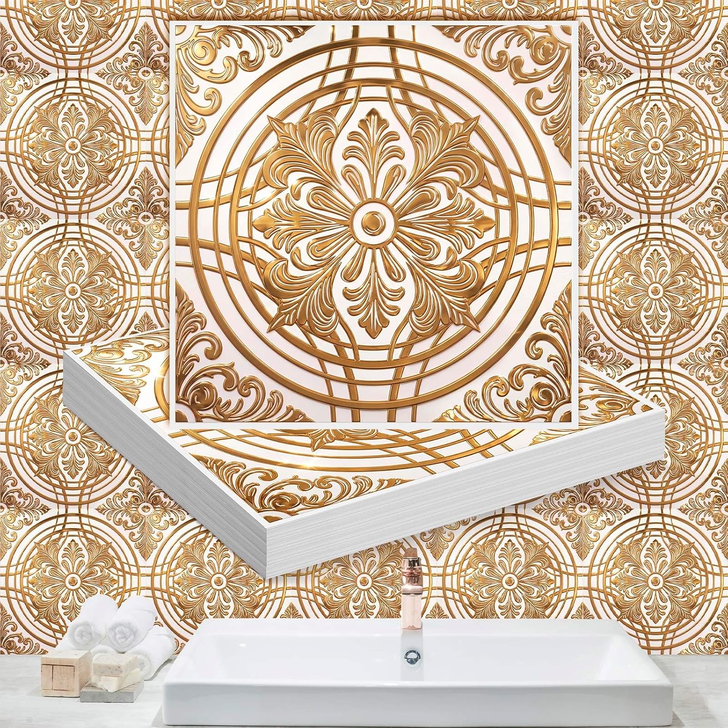 48 Pack 3D Metallic Peel and Stick Backsplash Tiles, 8"x8" Self Adhesive Wall Panels for Kitchen Bathroom, Waterproof Decorative Tiles for Renters and DIY, Easy Install, Cream Gold Relief Floral