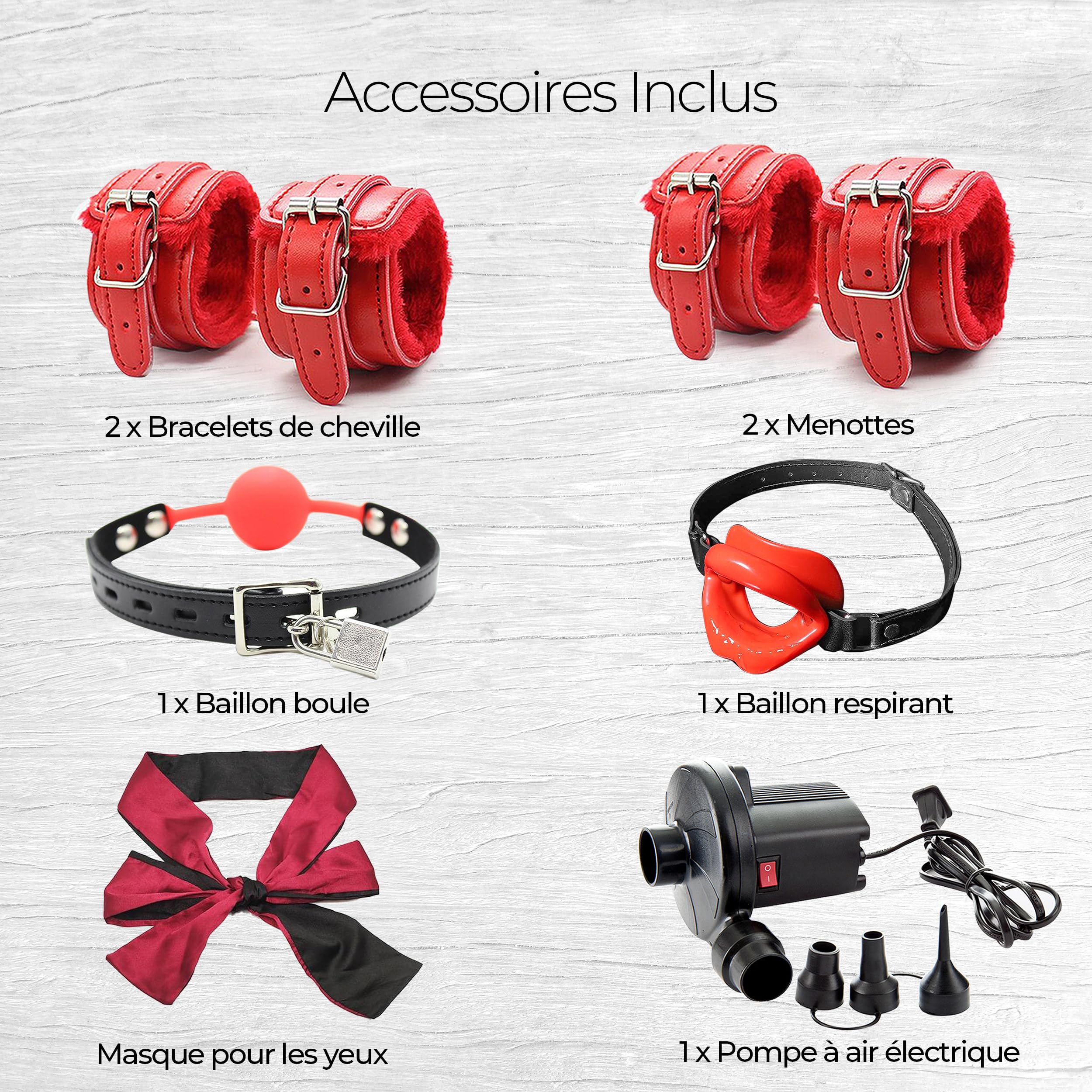 Canapé Gonflable Érotique pour Adultes – Kit Bondage Inclus Menottes, Baillon Boule, Baillon Respirant et Masque pour les Yeux, Idéal pour Jeux Sexuels et Moments Intimes en Couple.