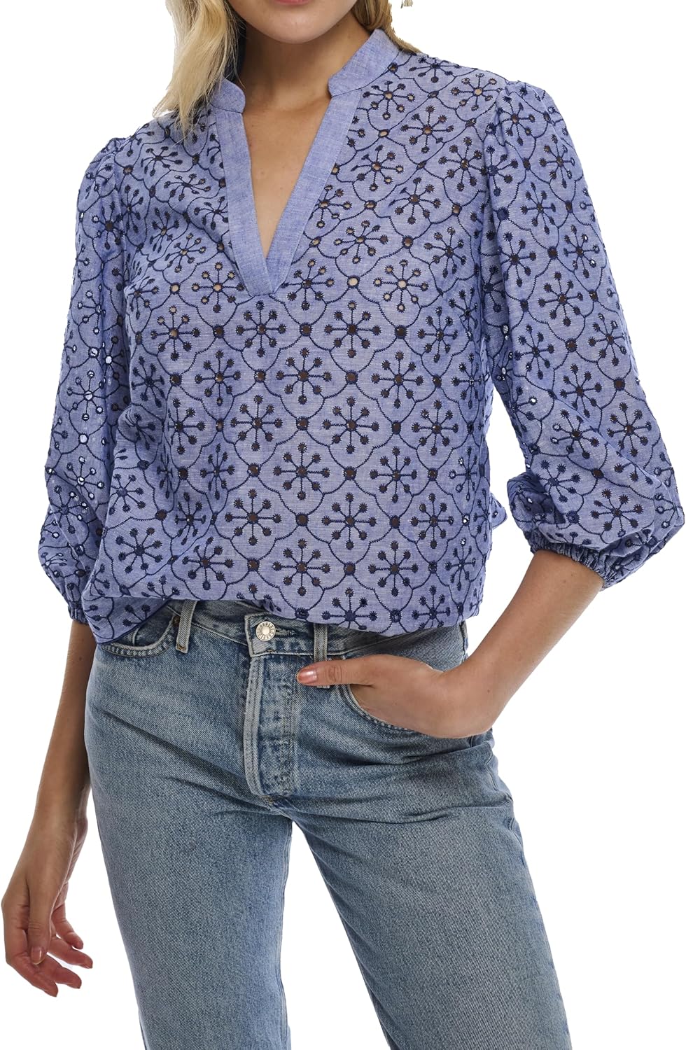 Shoshanna Womens Embroidered Chambray Carson Top