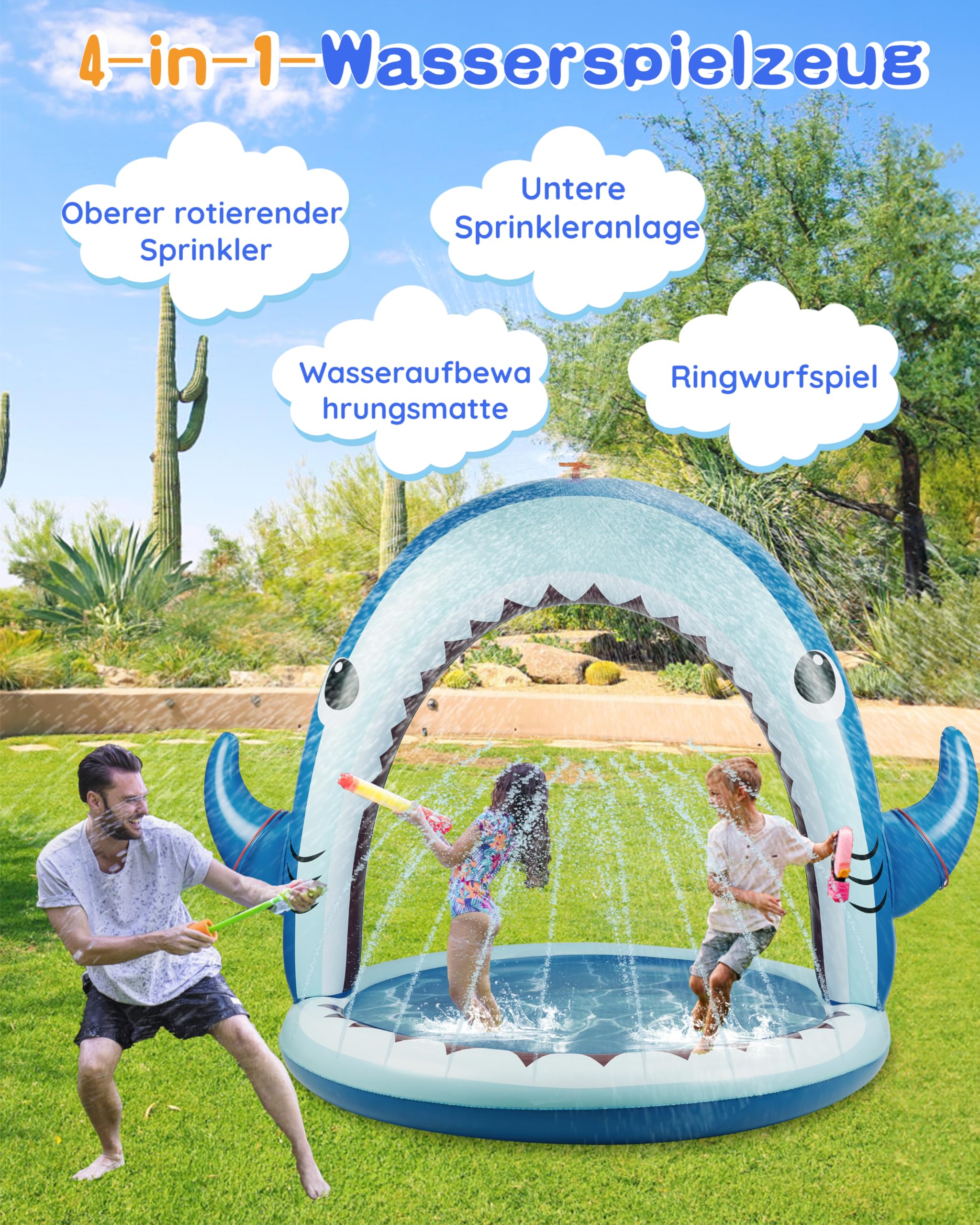 Gleamkid Sprinkler für Kinder, 4-in-1 aufblasbares Hai-Wasserspielzeug für Jungen und Mädchen, Sommer Outdoor-Spiel mit 4-Ring-Wurf, Garten-Wassersprinkler-Sprühspielzeug, tolles Geschenk für Kinder