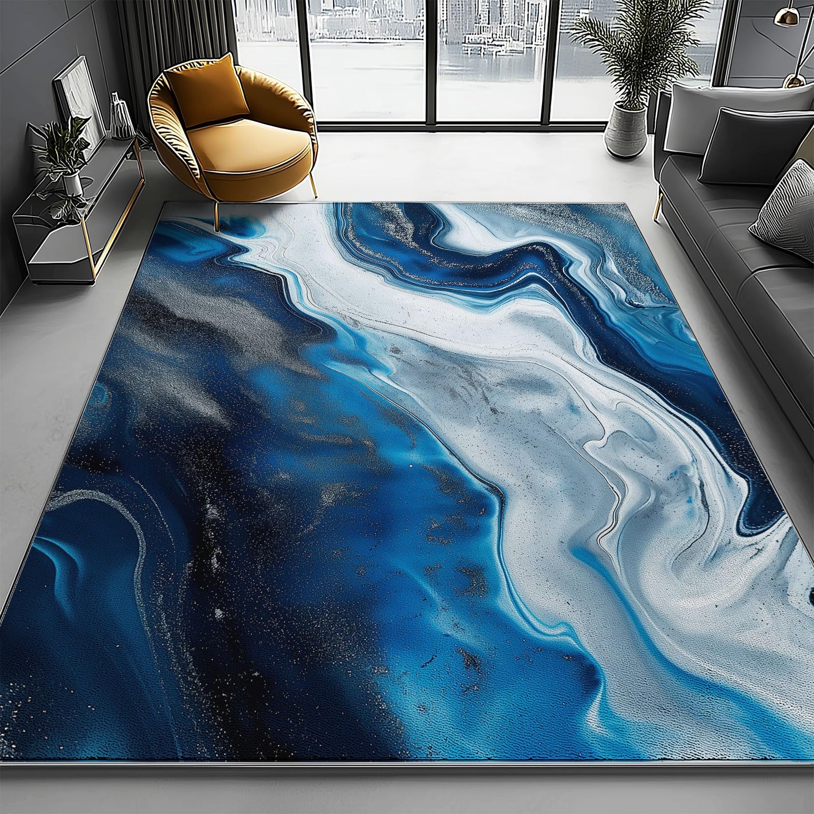 Tapis entrée antidérapant lavable bleu et argent, résistant pour zone de passage