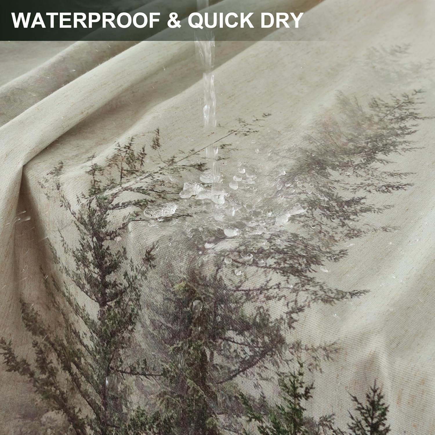 ORTIGIA Mountain Forest Shower Curtain –Heavy Blend Linen Fabric, Dark Green Nature Tree, Foggy Woodland Bathroom Curtain, 72x72 Inch, Includes 12 Metal Hooks.