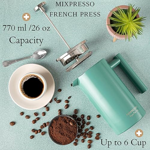 Miniatura 4 de Mixpresso Cafetera de prensa francesa de acero inoxidable, 27 onzas, 800L, doble pared, aislamiento de metal, prensa de café y cafetera de té, fácil