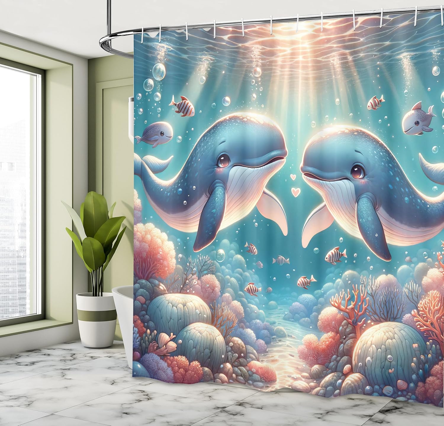 Ambesonne Whale Shower Curtain, Cartoon Themed Aquamarine Atmosphere Seaweeds and Deep Ocean Couple Marine, Cloth Fabric Bathroom Decor Set with Hooks, 69" W x 84" L, Sea Blue and Coral
