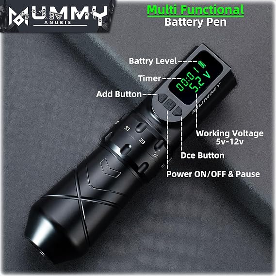 Mummy Anubis Cordless Rotary Tattoo Pen, 2.2-4.2mm Stroke, 2000mAh Battery