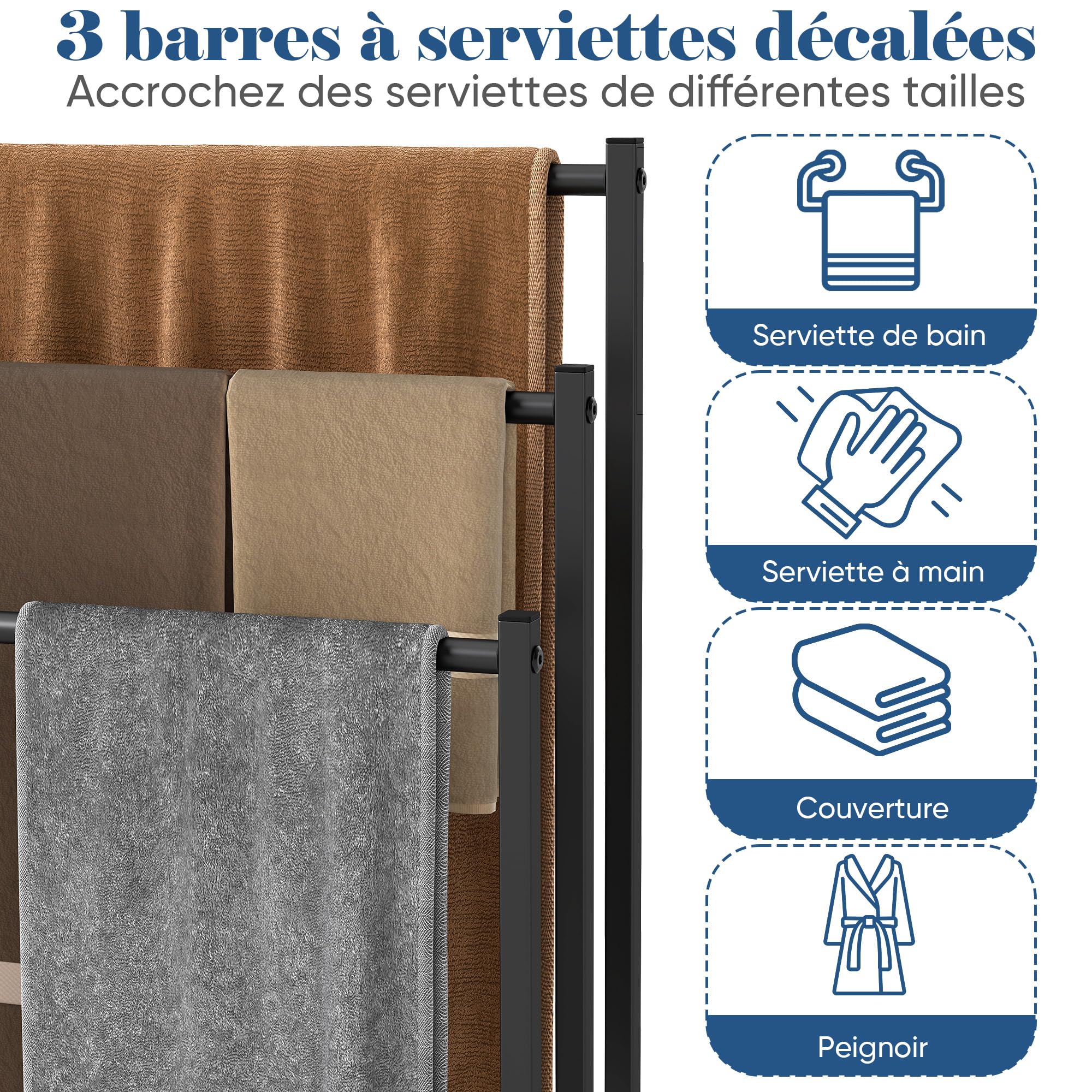 Porte Serviette sur Pied Salle De Bain, Support Serviettes Autoportant en Métal, Porte-Serviettes Noir sur Pied à Trois Niveaux, pour Les Serviettes de Toilette et Les Draps de Bain