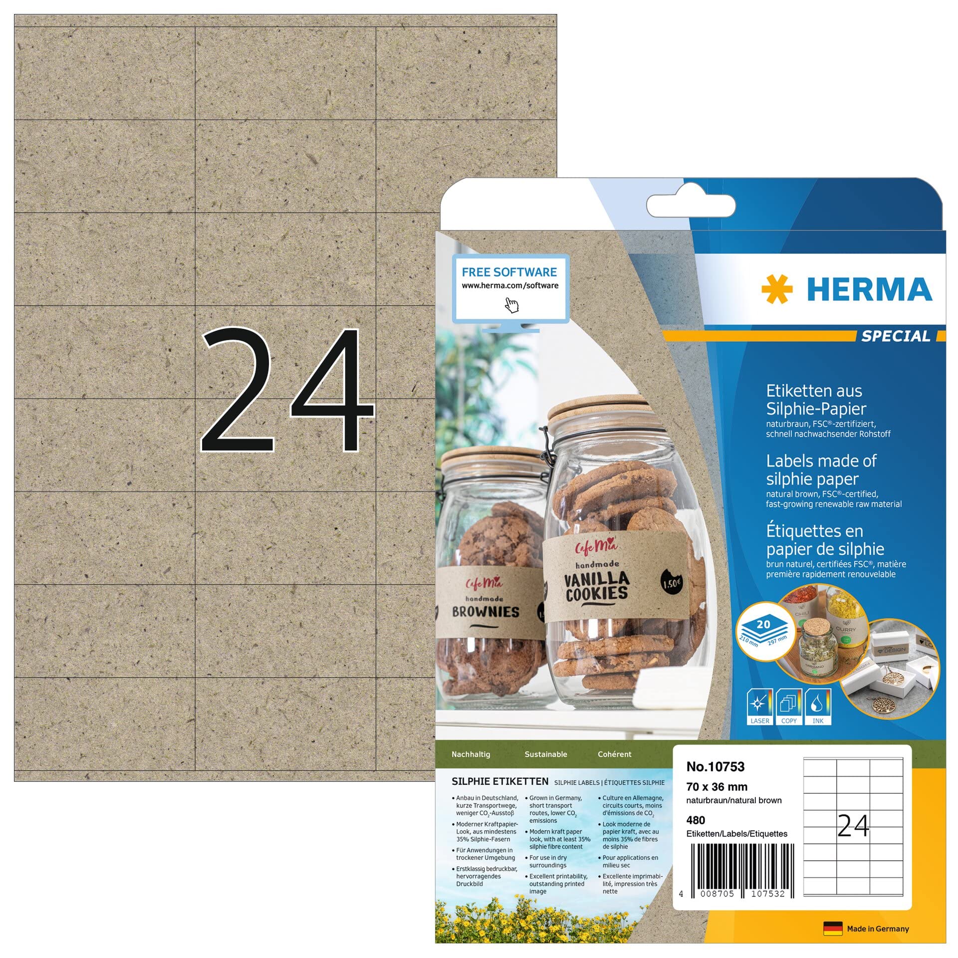 HERMA 10753 Adressetiketten aus Graspapier, 20 Blatt, 70 x 36 mm, 24 pro A4 Bogen, 480 Stück, selbstklebend, bedruckbar, matt, blanko Silphie-Papier Adressaufkleber Etiketten, natur-braun