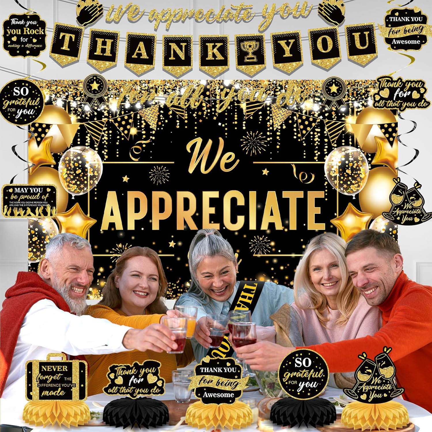 We Appreciate You Party Decorations Black Gold Thank You for All You Do Banner Honeycomb Centerpieces Hanging Swirls for Office Employee Staff Appreciation Gift Pastor Teacher Party Veterans Day Decor - Image 6