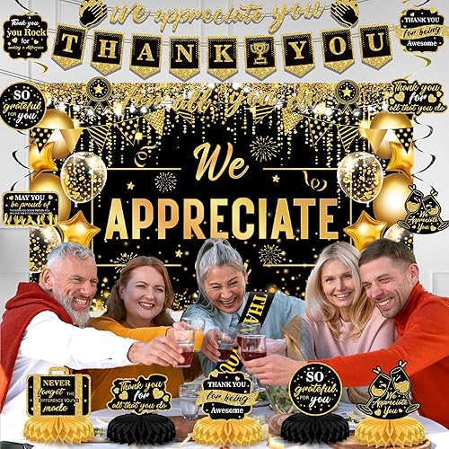 Miniatura 6 de Decoraciones de Fiesta We Appreciate You Negro Dorado Pancarta Thank You for All You Do Centros de Mesa de Panal Espirales Colgantes para Oficina