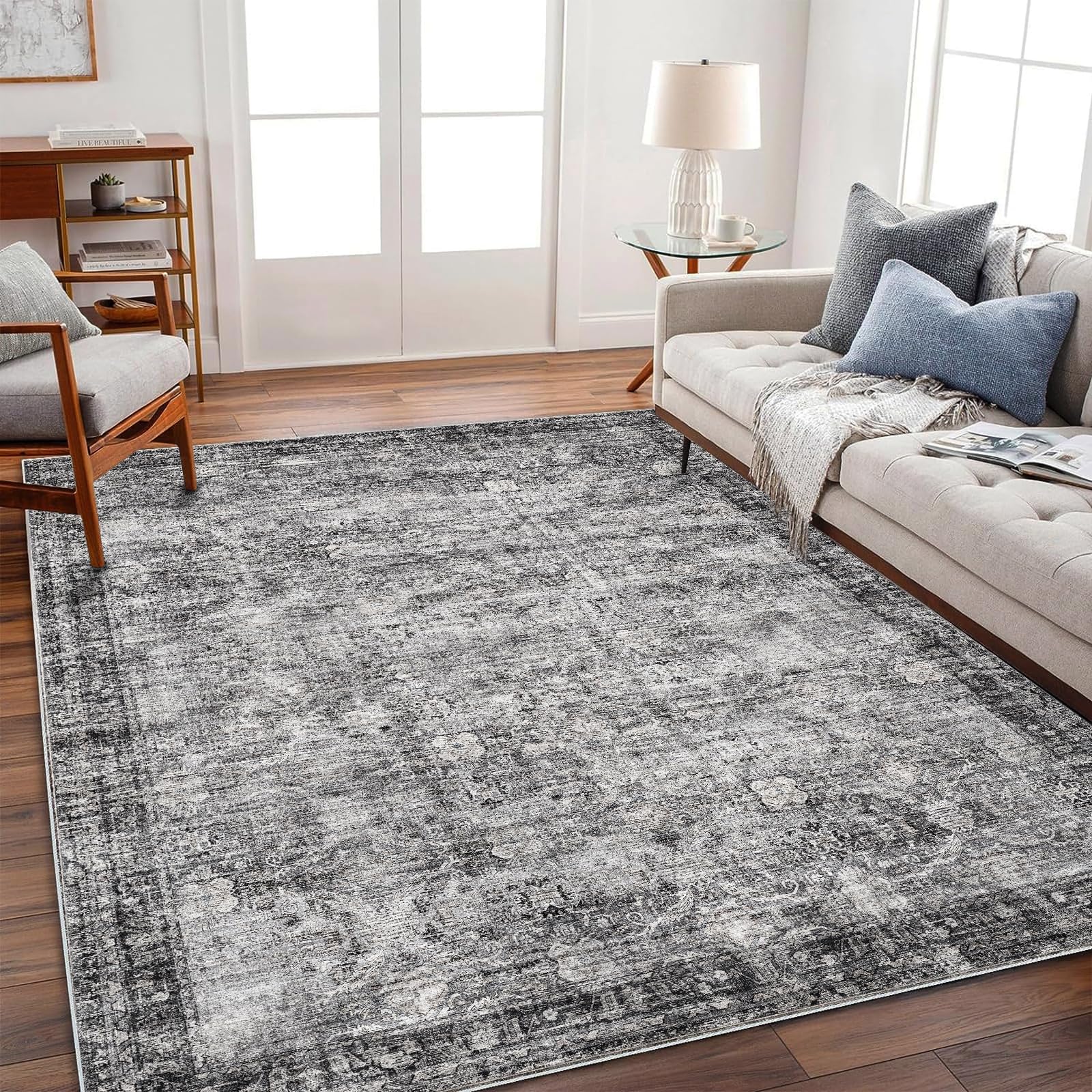 CHAMPLANT Area Rug 6'x9' Washable Vintage Traditional Floor Cover Thin Retro Kitchen Indoor Distressed Non Slip Carpet for Living Room Bedroom Dining Room