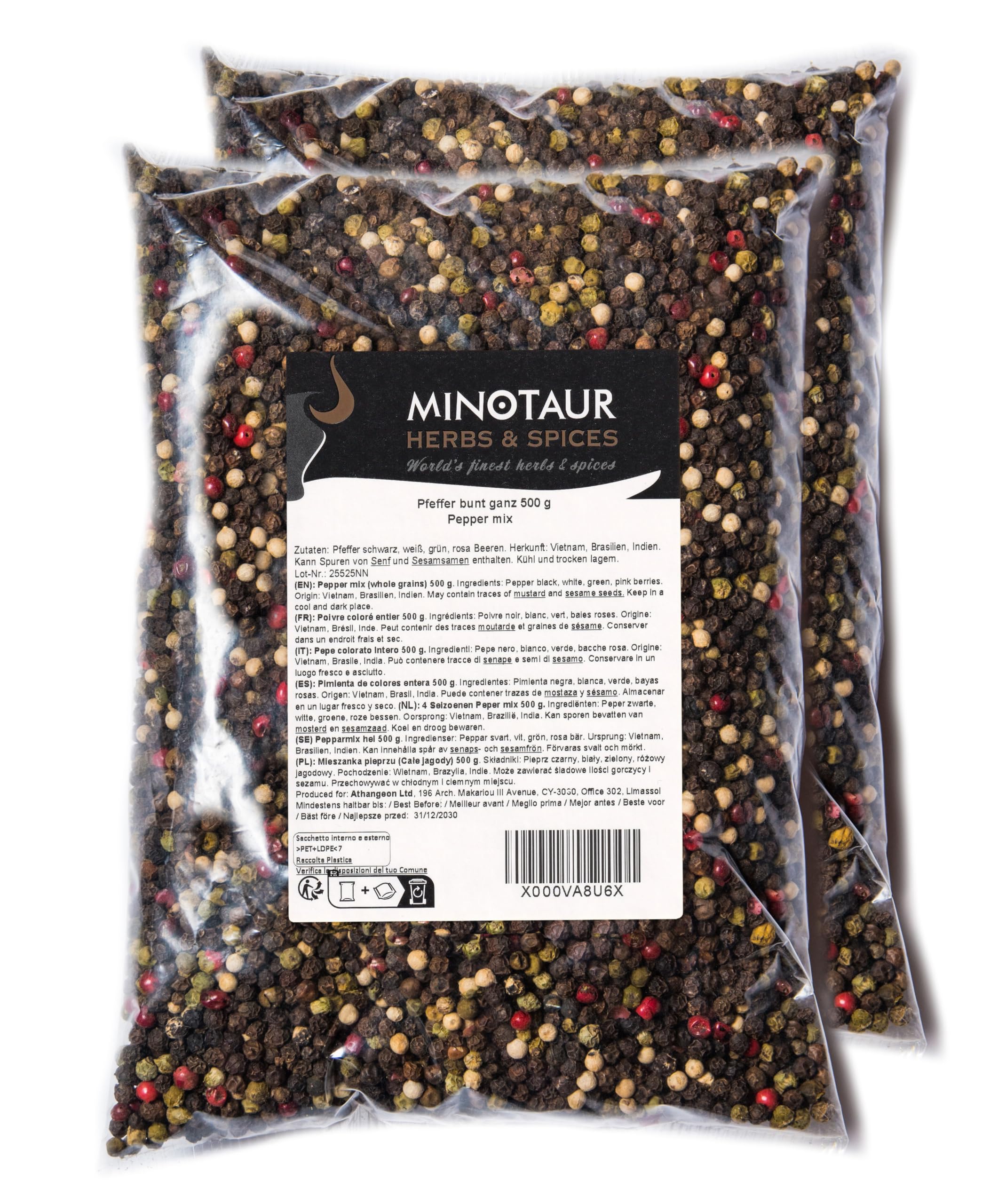 Minotaur Spices | Pepe colorato Intero | 2 x 500g (1 kg) | Pepe colorato da grani Neri, Bianchi, Verdi e Rosa