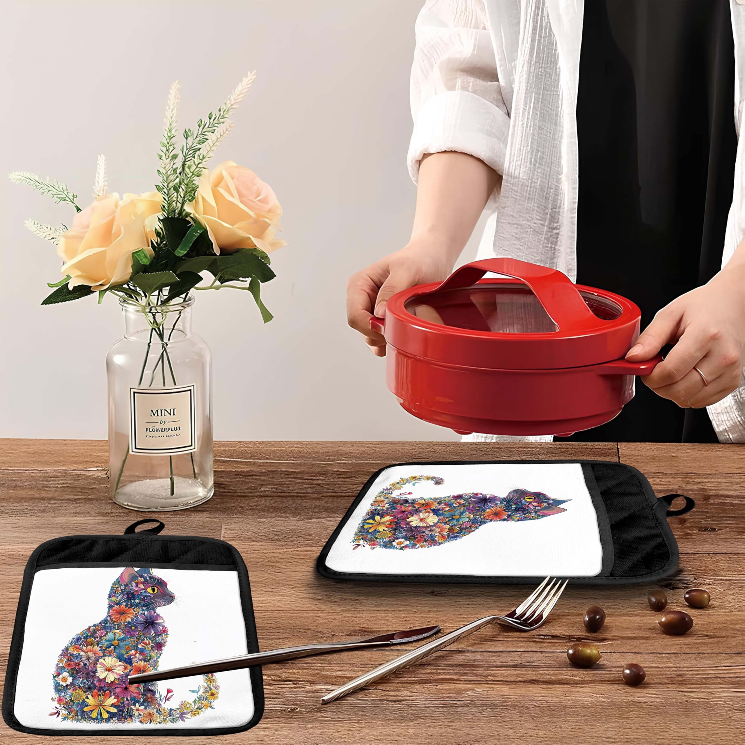 Blumentopfhalter mit Taschen, Katzen-Küchendekoration, ästhetisches Blumen-Kätzchen, Topflappen, hitzebeständige Ofenhandschuhe, heiße Pads für Küche, Backen, Kochen
