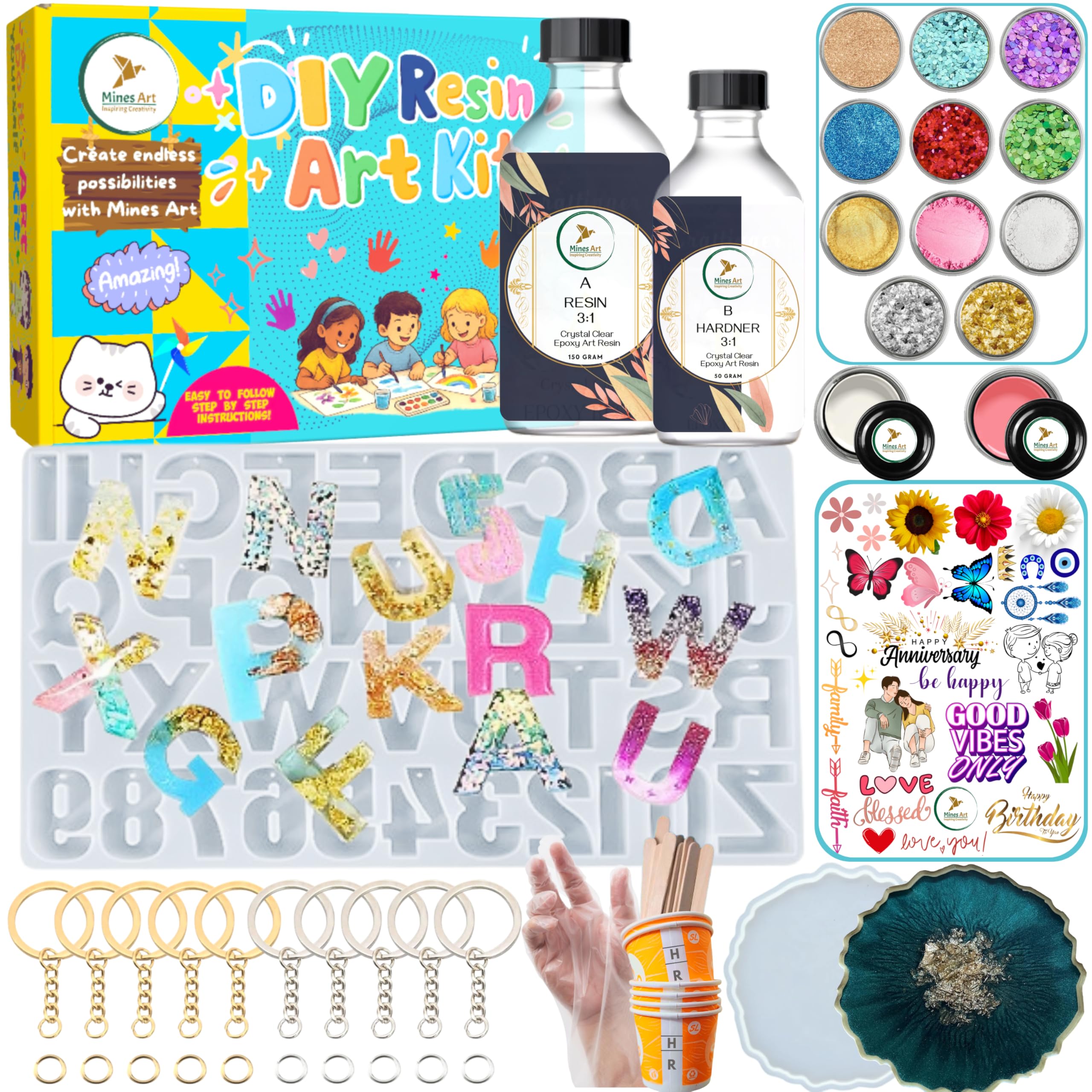 Mines Art DIY Resin Keychain & Coaster Kit – Complete Alphabet Mould Set with 200g Epoxy Resin, Pigments, Glitters, Mica Powders, Foil Flakes, Keychain Rings, Stickers (MRA - 103)-image-49