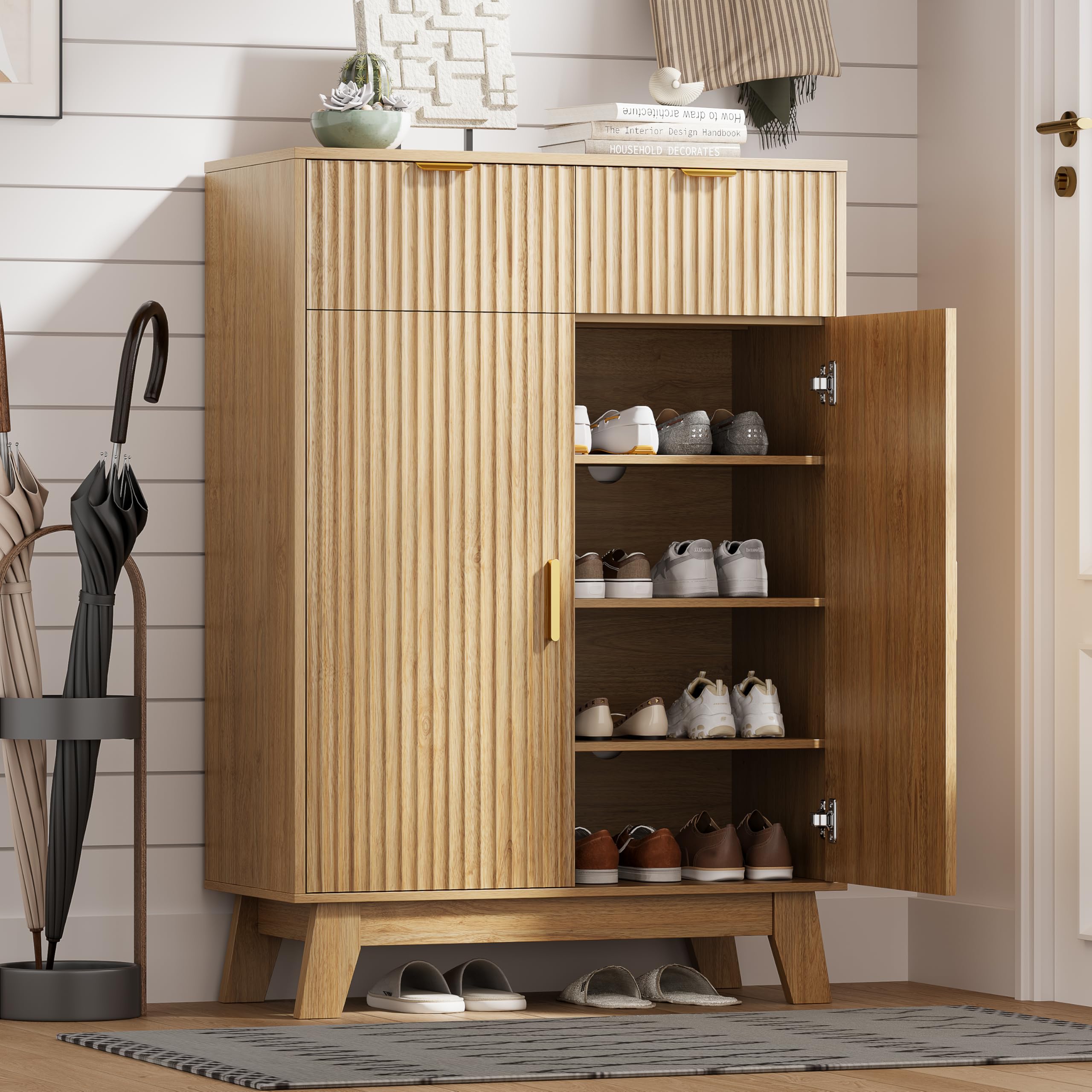 HUANLEGO Shoe Cabinet Storage for Entryway with Doors, Oak