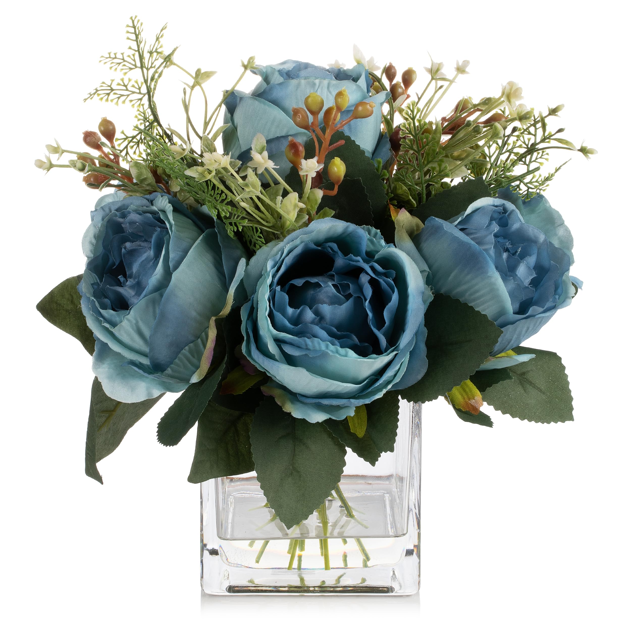 ENOVA FLORALArtificial Flower Arrangement with Vase,Mixed Artificial Fake Silk Peony Flower in Vase for Decoration Home Office, Wedding Centerpiece (Blue)