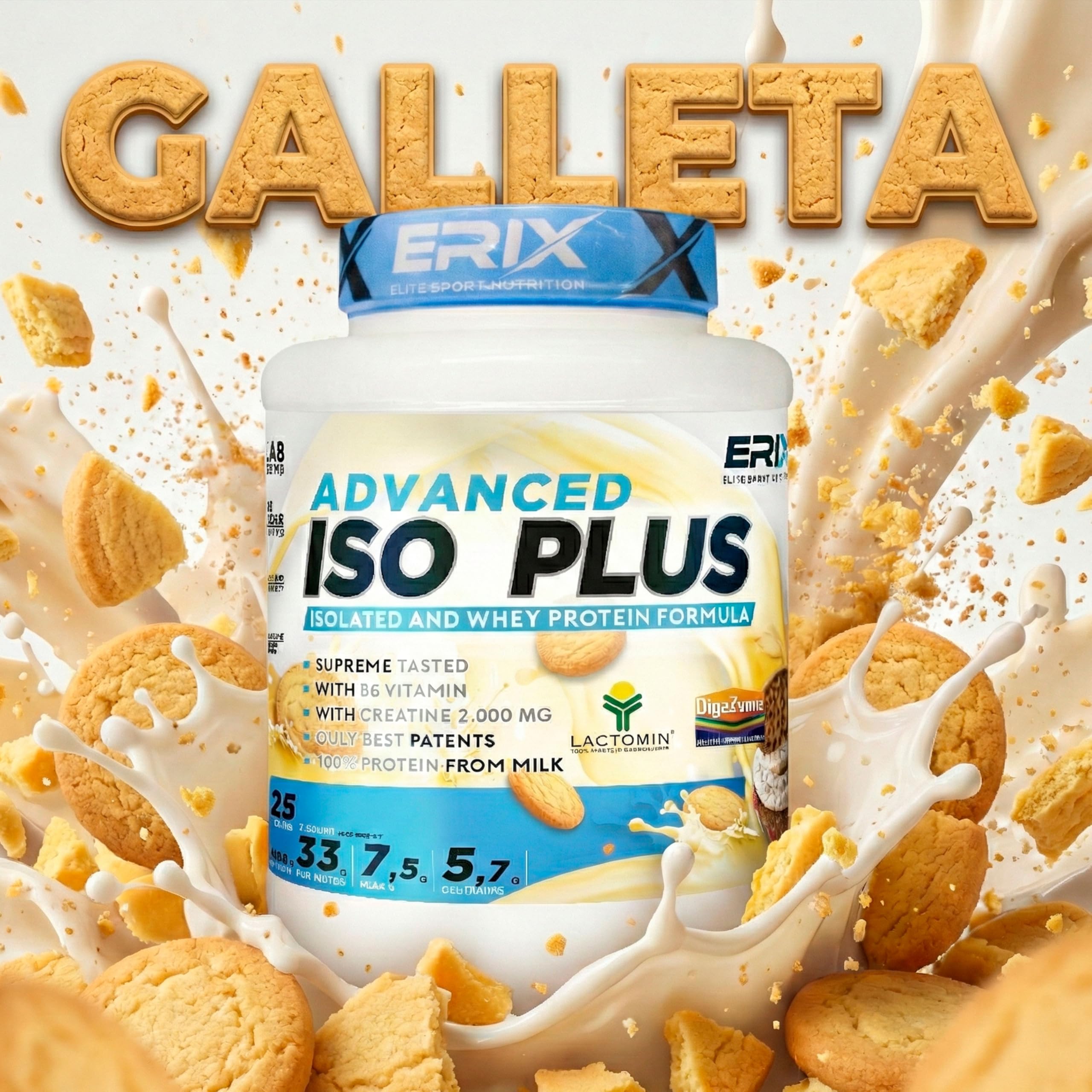 ERIX Nutrición Pack ISO Advanced Plus 1kg+ Creatina Monohidrato 300g+ Shaker, Proteína Aislada Isolate para Recuperación y Crecimiento Muscular, Musculación (Galleta)