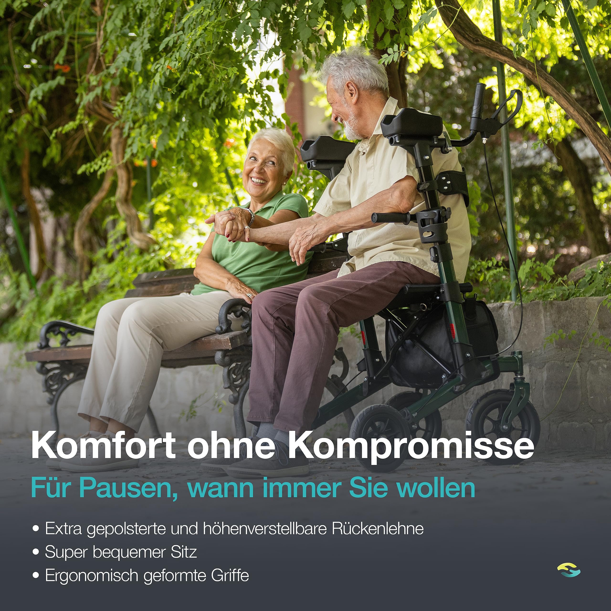 Helavo Outdoor-Arthritis-Rollator mit Sitz & gepolsterten Unterarmstützen | Aluminium Stand-Up-Rollator mit Armauflagen - 10" Vollgummireifen perfekt für jeden Untergrund - Mit Sitz & Rückenlehne