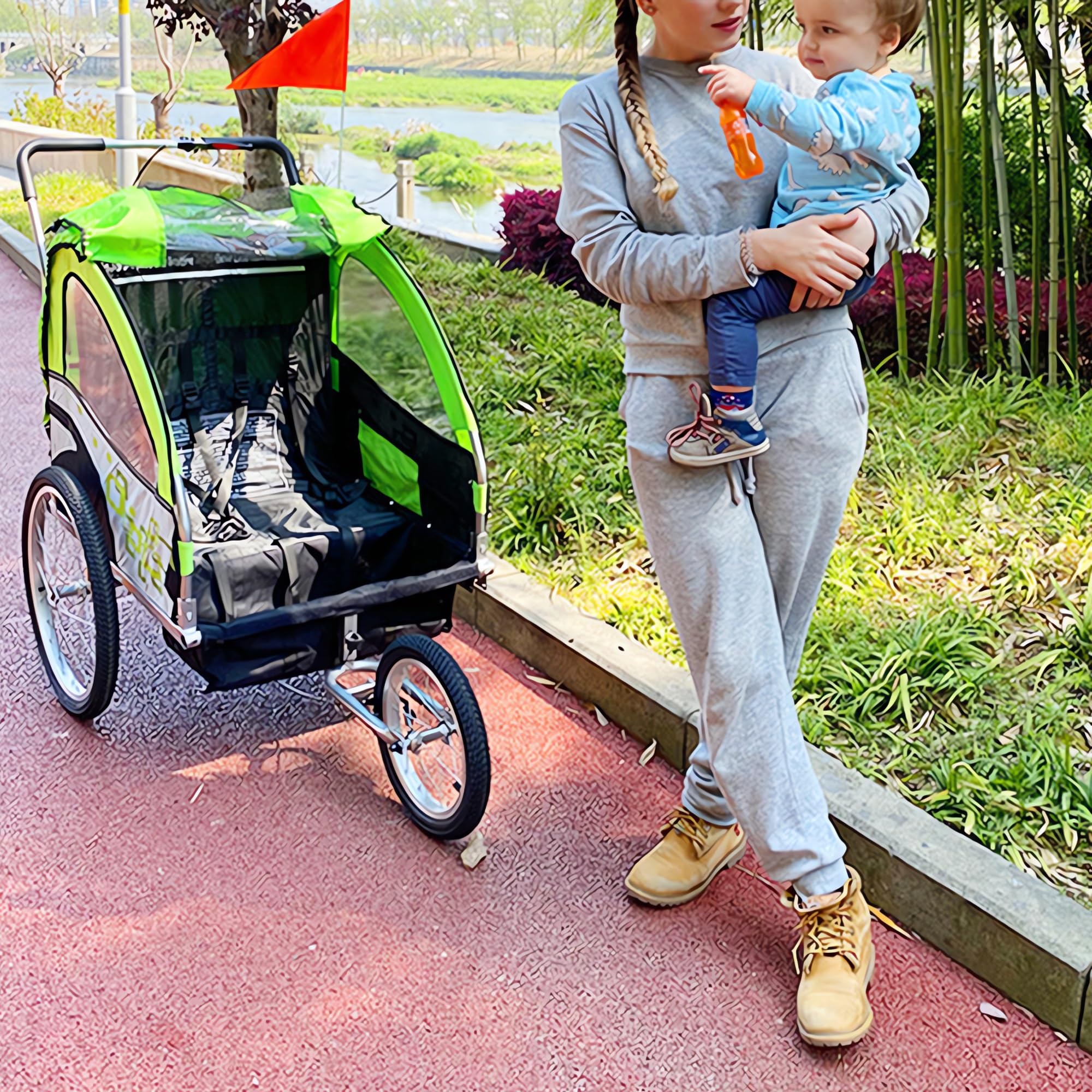 Rimorchio per Bicicletta per Bambini, 2 In 1, Tettuccio per Bambini, Schermi Anti-insetti e Anti-pioggia Arrotolabili, Rimorchio Pieghevole
