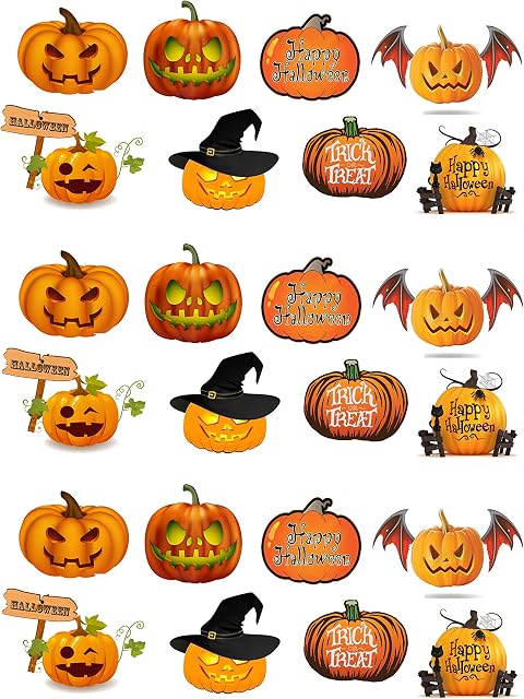 24 Stand Up Halloween Pumpkins Premium Edible Wafer Paper Cake Toppers Decorations