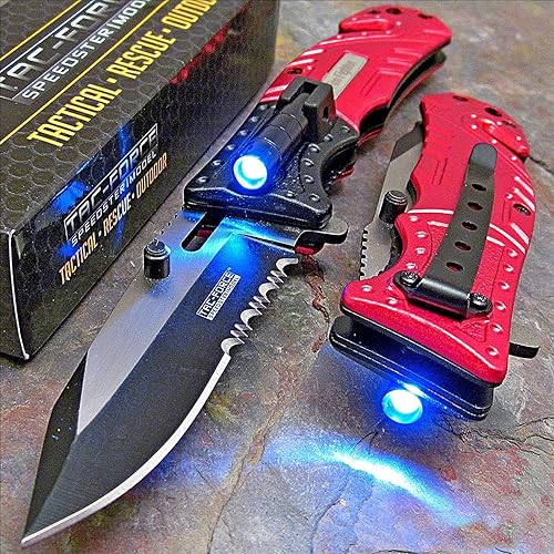 Pocket Knife Tac-Force Red Fire Fighter Led Tactical Rescue