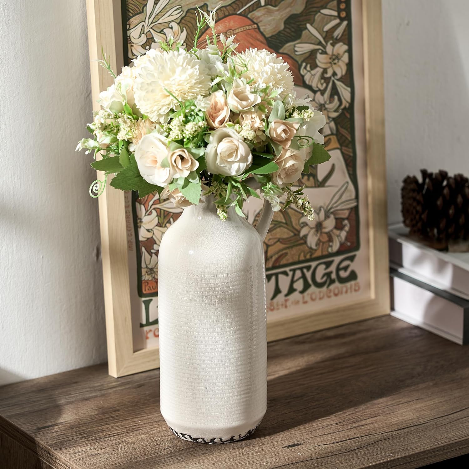 Ceramic Vase for Home Decor, Ice Crackle Aged White Vintage Vase with Handle, Decorative Flower Vase for Farmhouse, Living Room, Table, Fireplace, Nightstand - Ice Crackle White - Image 4