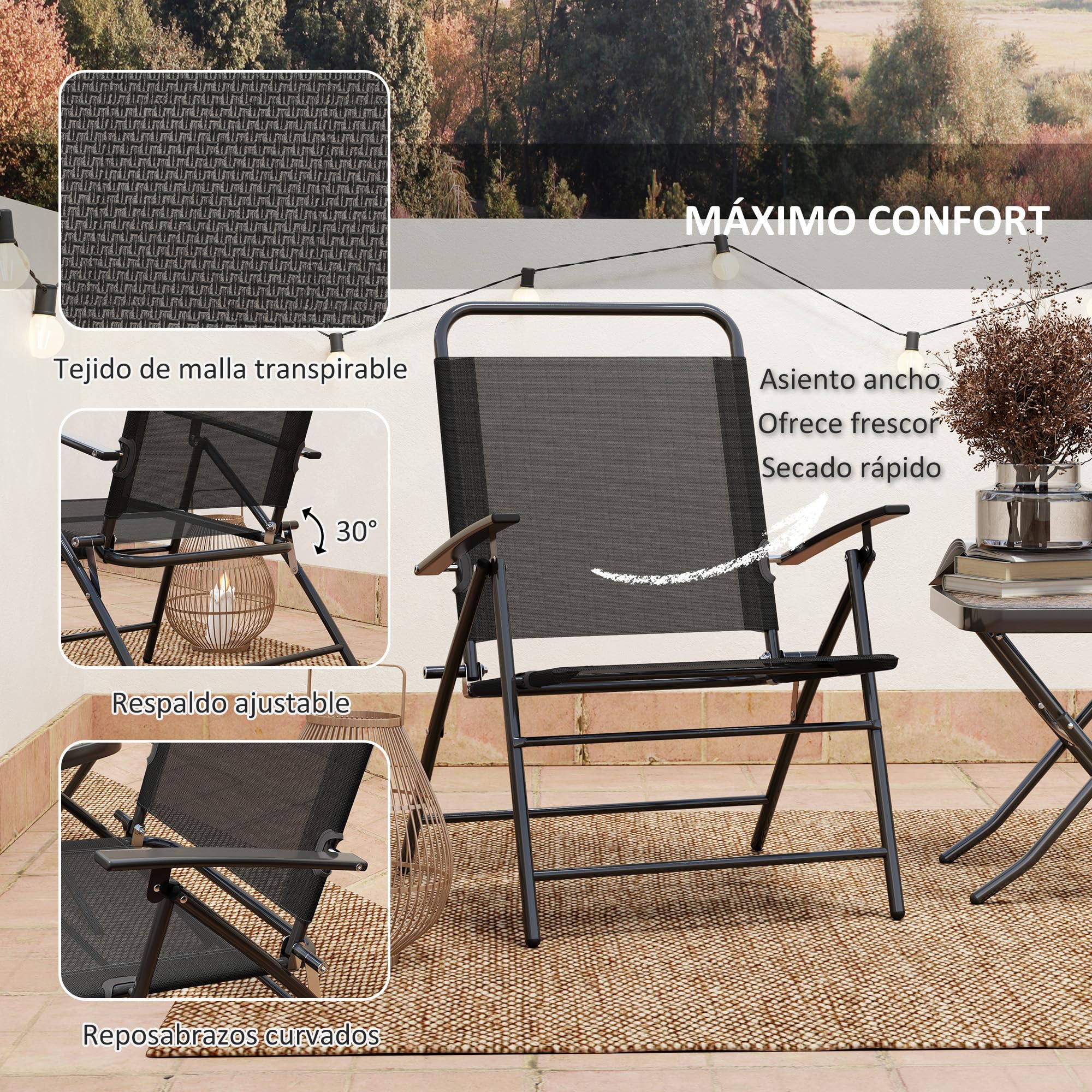 Outsunny Conjunto de Mesa y Sillas de Terraza Exterior de 3 Piezas Muebles de Jardín Exterior Plegables con Respaldo Regulable Tablero de Vidrio y Estructura de Acero Negro